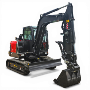 Side view of a large hydraulic excavator with a long arm and tracked undercarriage.