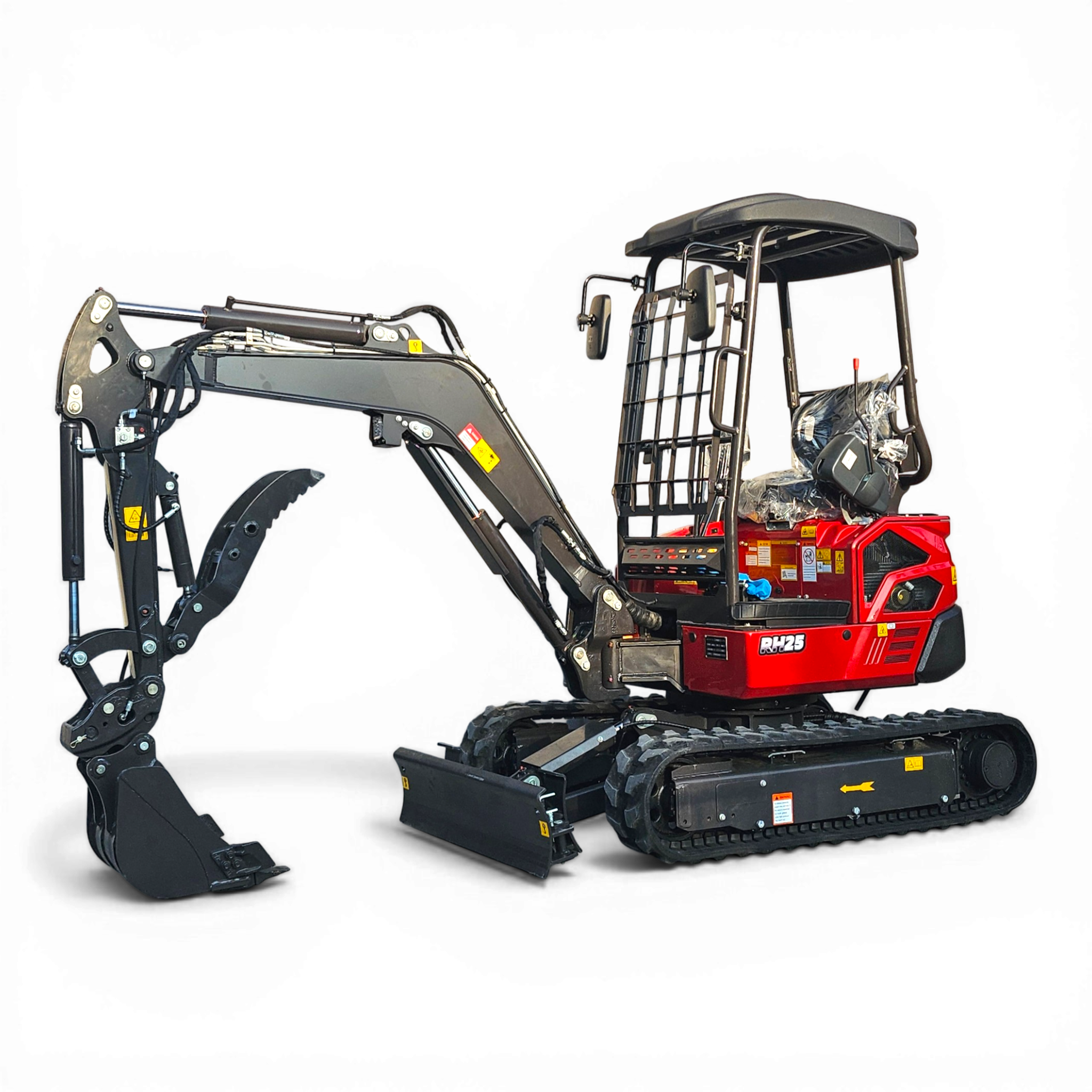 Red construction excavator with hydraulic arm and large bucket, set against a black background