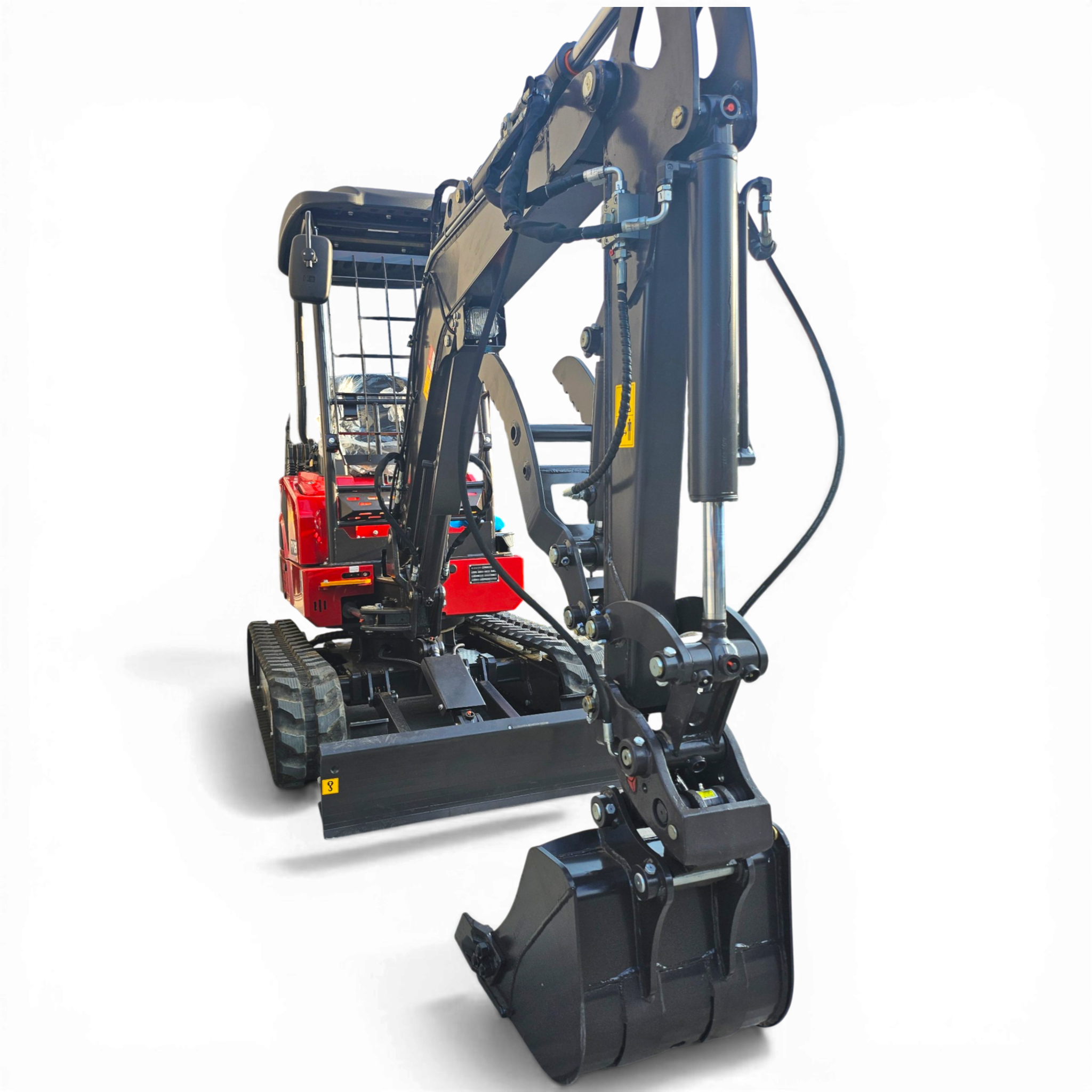 Excavator arm and bucket with hydraulic cylinders against a black background, ready to scoop material