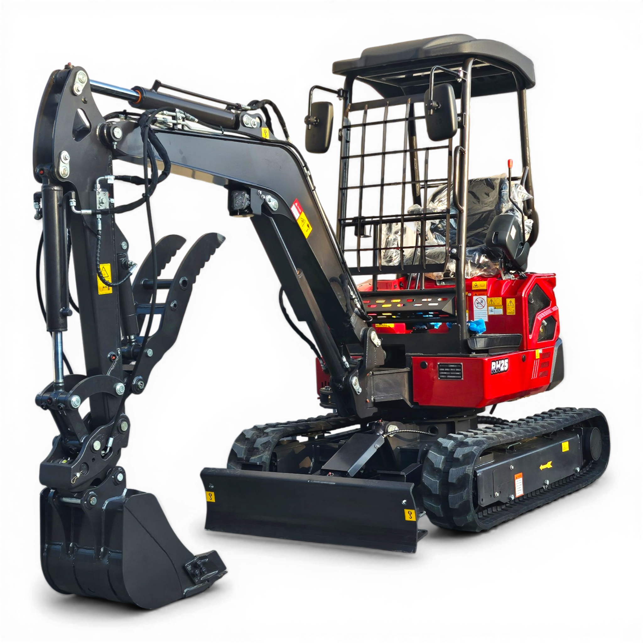 Close-up of a hydraulic excavator arm with bucket attached, red counterweight visible in the background.