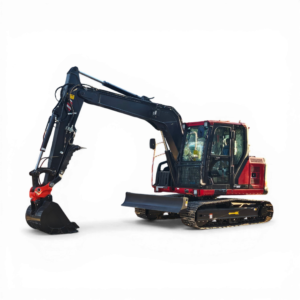 Close-up of a hydraulic excavator arm and bucket against a black background, showing blue and red machinery details.