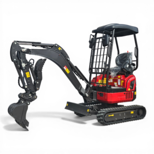 Side view of a red mini excavator with hydraulic digging arm and bucket on tracks