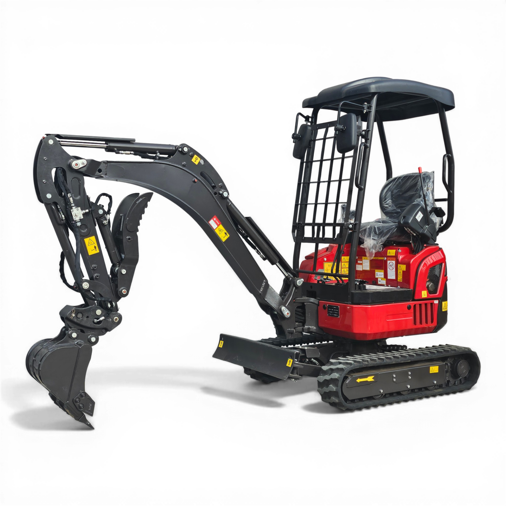 Side view of a red mini excavator with hydraulic digging arm and bucket on tracks