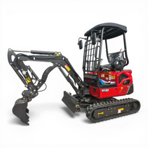 Compact excavator with hydraulic arm and digging bucket on a black background, red engine housing visible
