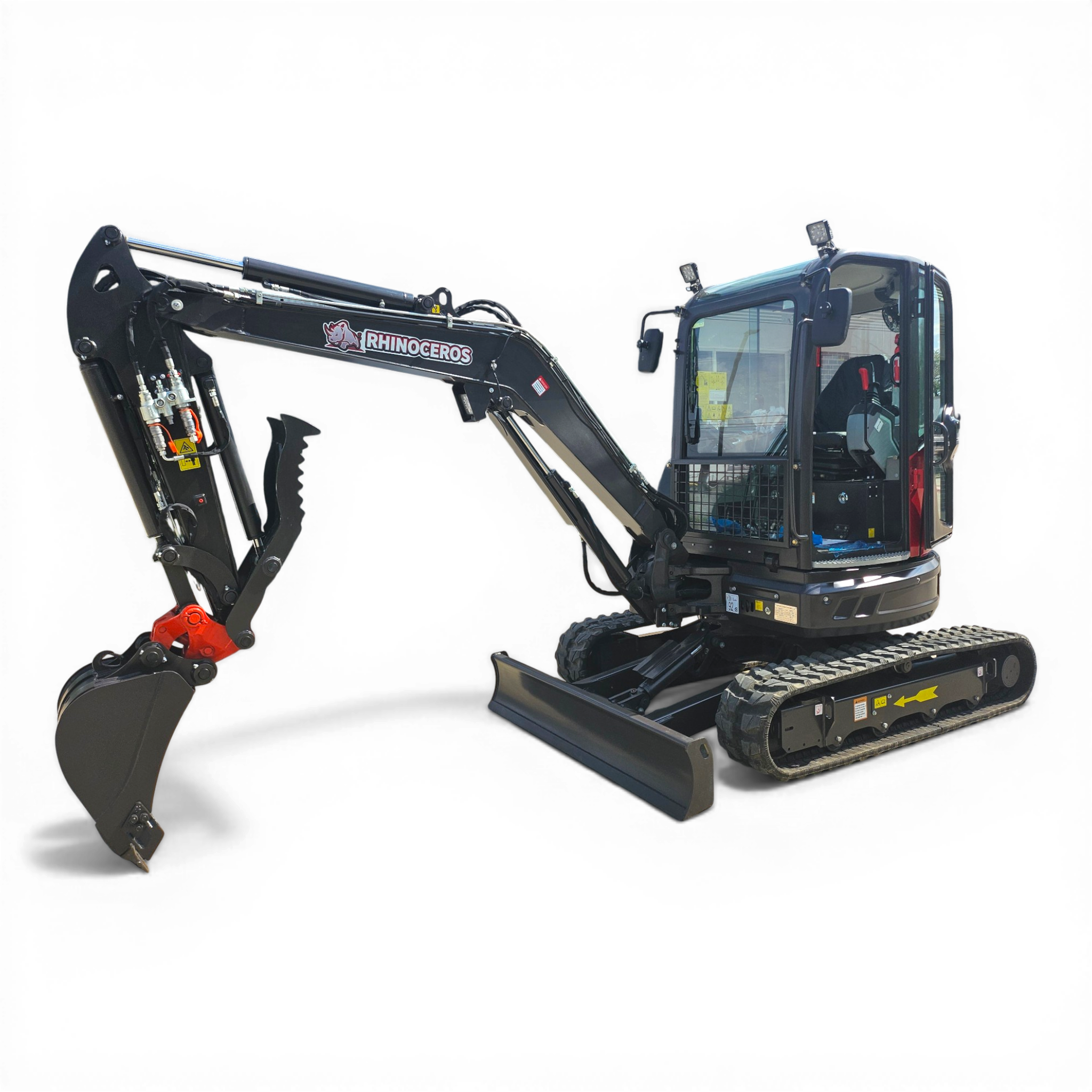 Excavator arm with Rhinoceros branding and a cabin, shown against a black background.