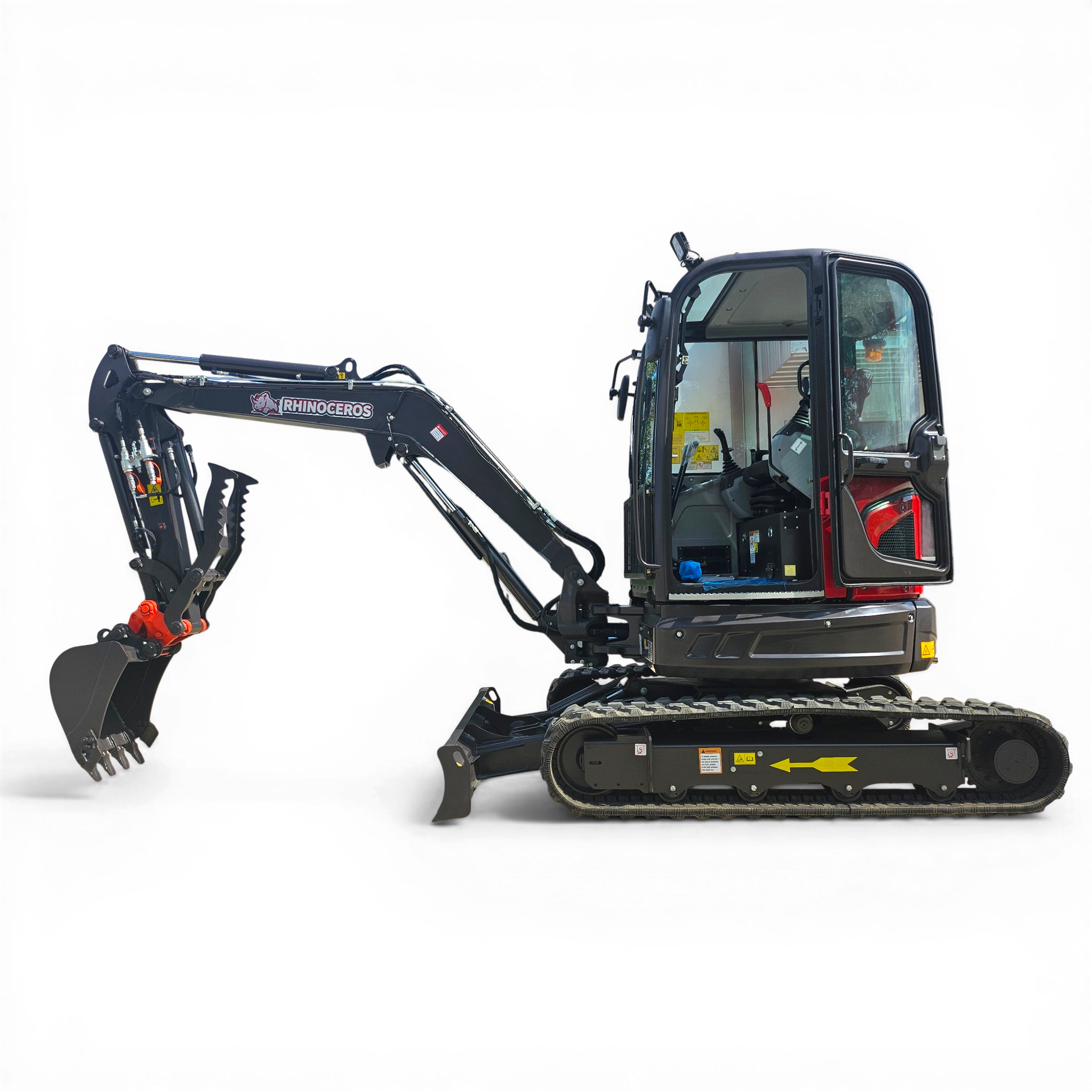 Excavator with a long hydraulic arm and bucket on the left and a dark cab on the right, Rhinoceros logo on the arm against a black background.