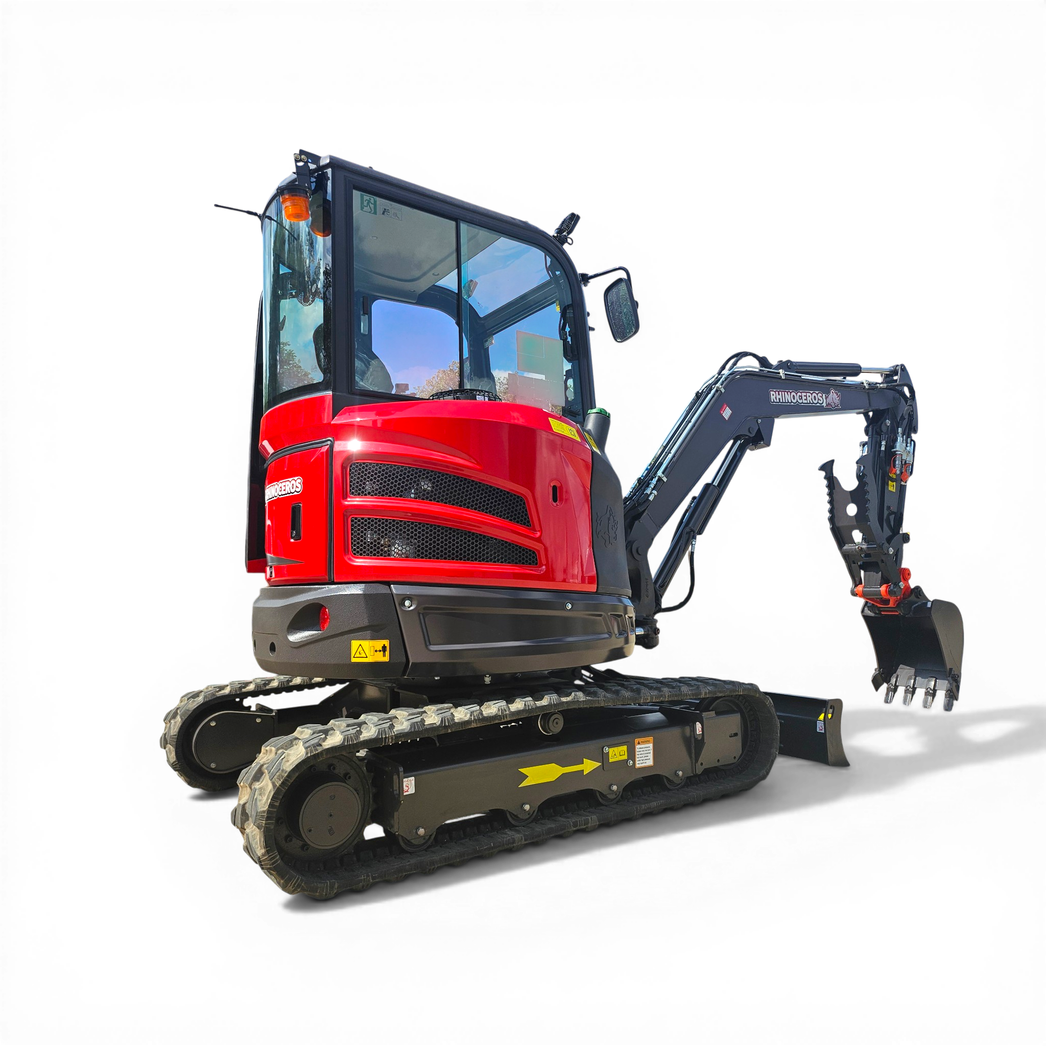 Front-left view of a red excavator with enclosed cab and heavy tracked undercarriage, orange beacon on top, against a plain background.
