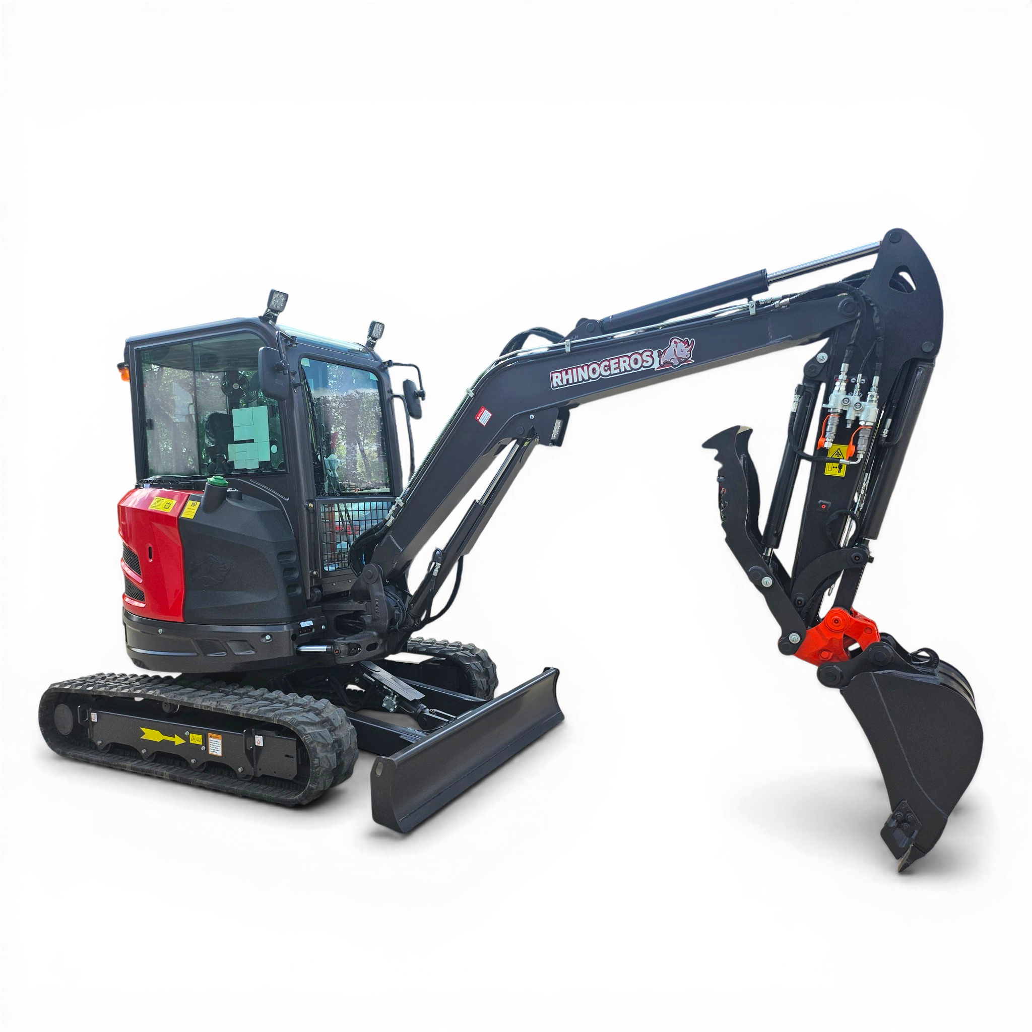 Side view of a hydraulic excavator with a red cab and long gray boom, bucket attachment at the right, on a black background.