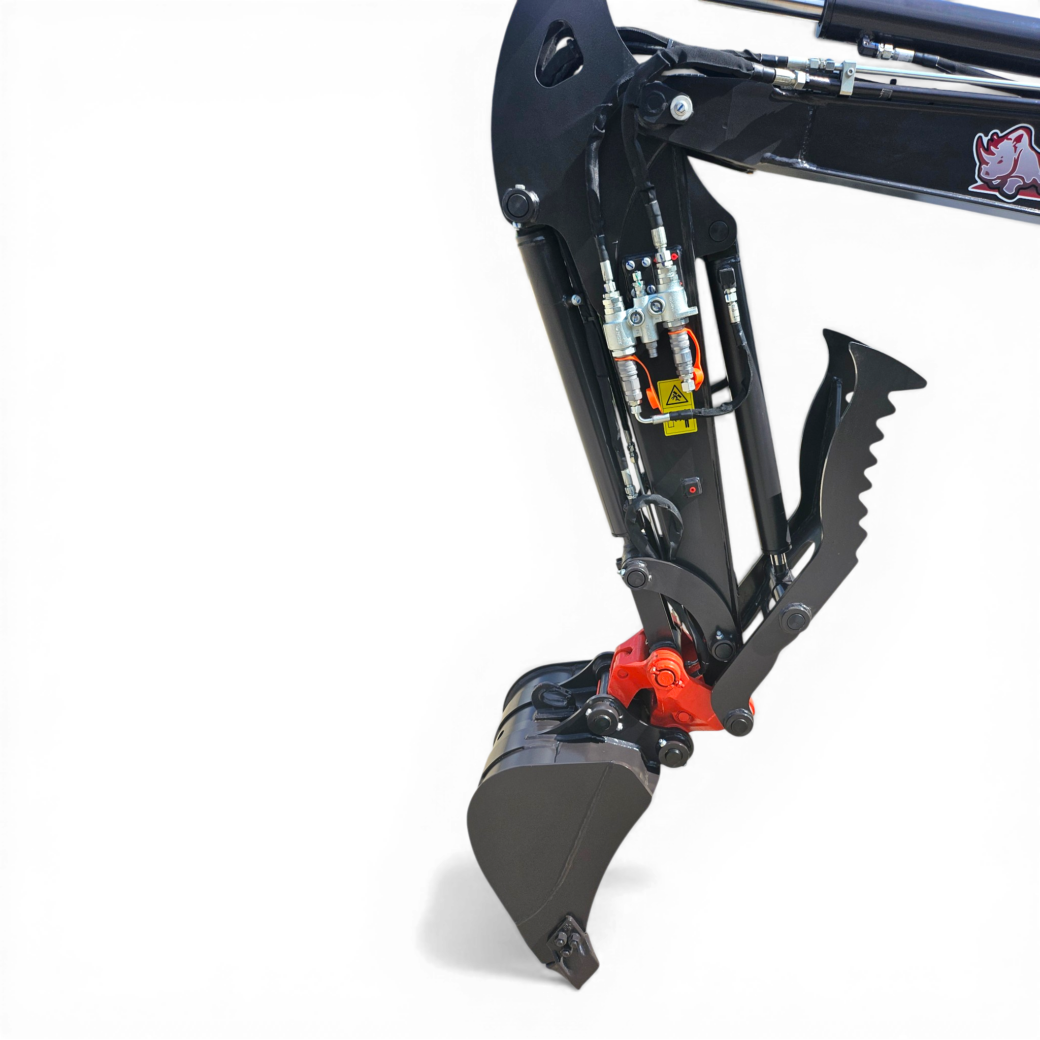 Close-up of a hydraulic excavator arm segment with hoses, fittings, and metal joints on a black background.