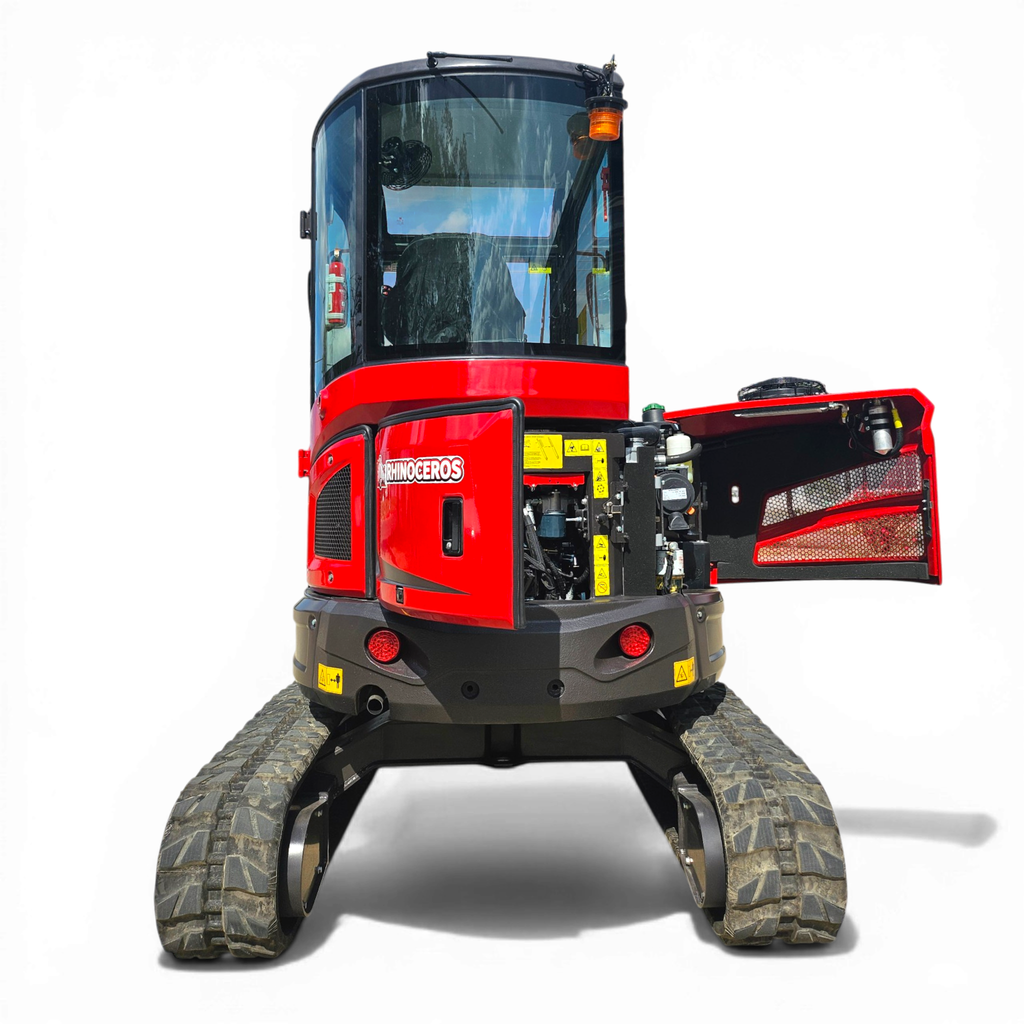 Front view of a red RhinoCeros tracked construction vehicle with a glass cab and rugged tracks on either side.