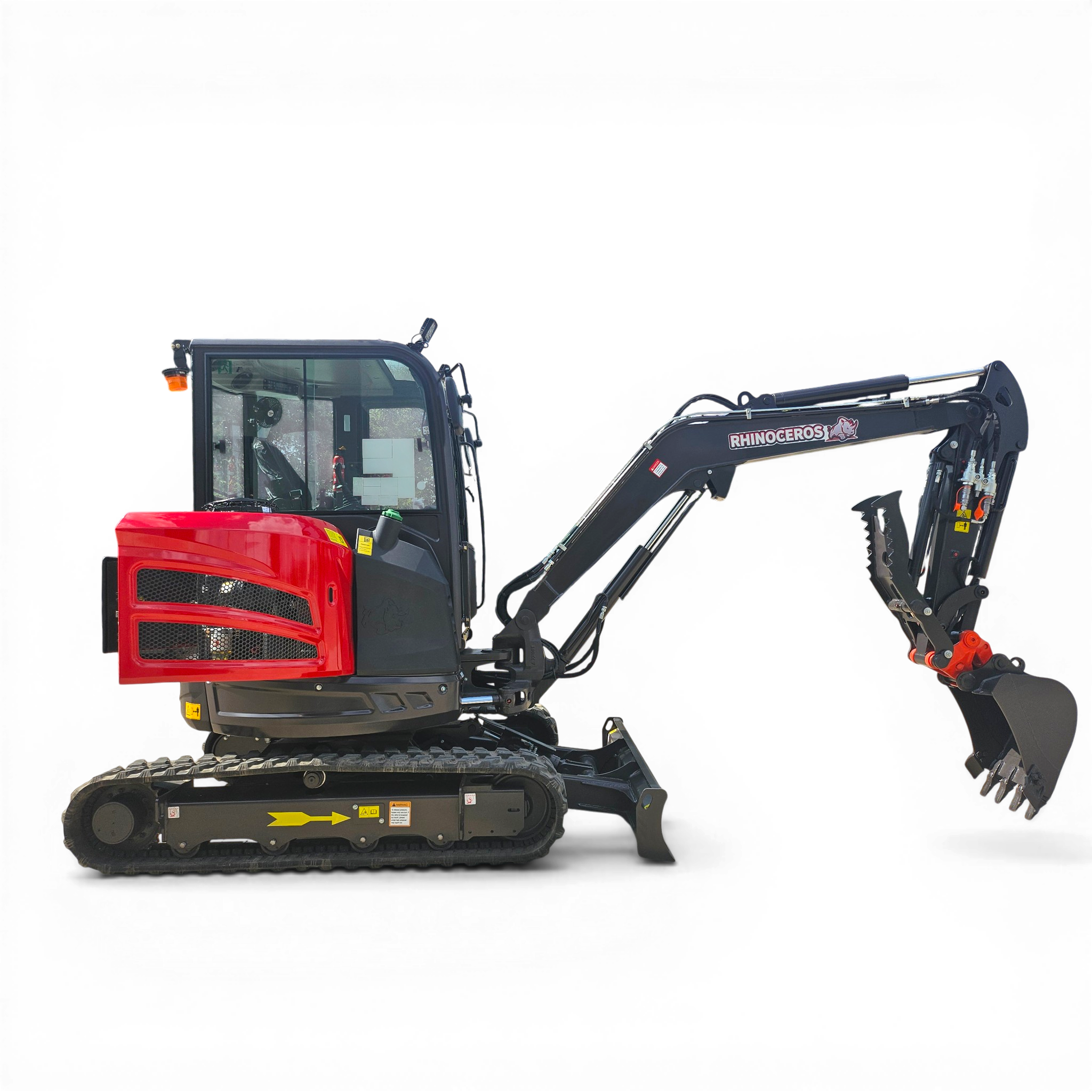 Excavator with a bright red cab and black undercarriage, showing the cabin and hydraulic arm labeled Rhinoeros, set against a clear backdrop.