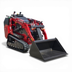 Red tracked hydraulic excavator attachment with a large front bucket, labeled Rhinoseros, against a black background.