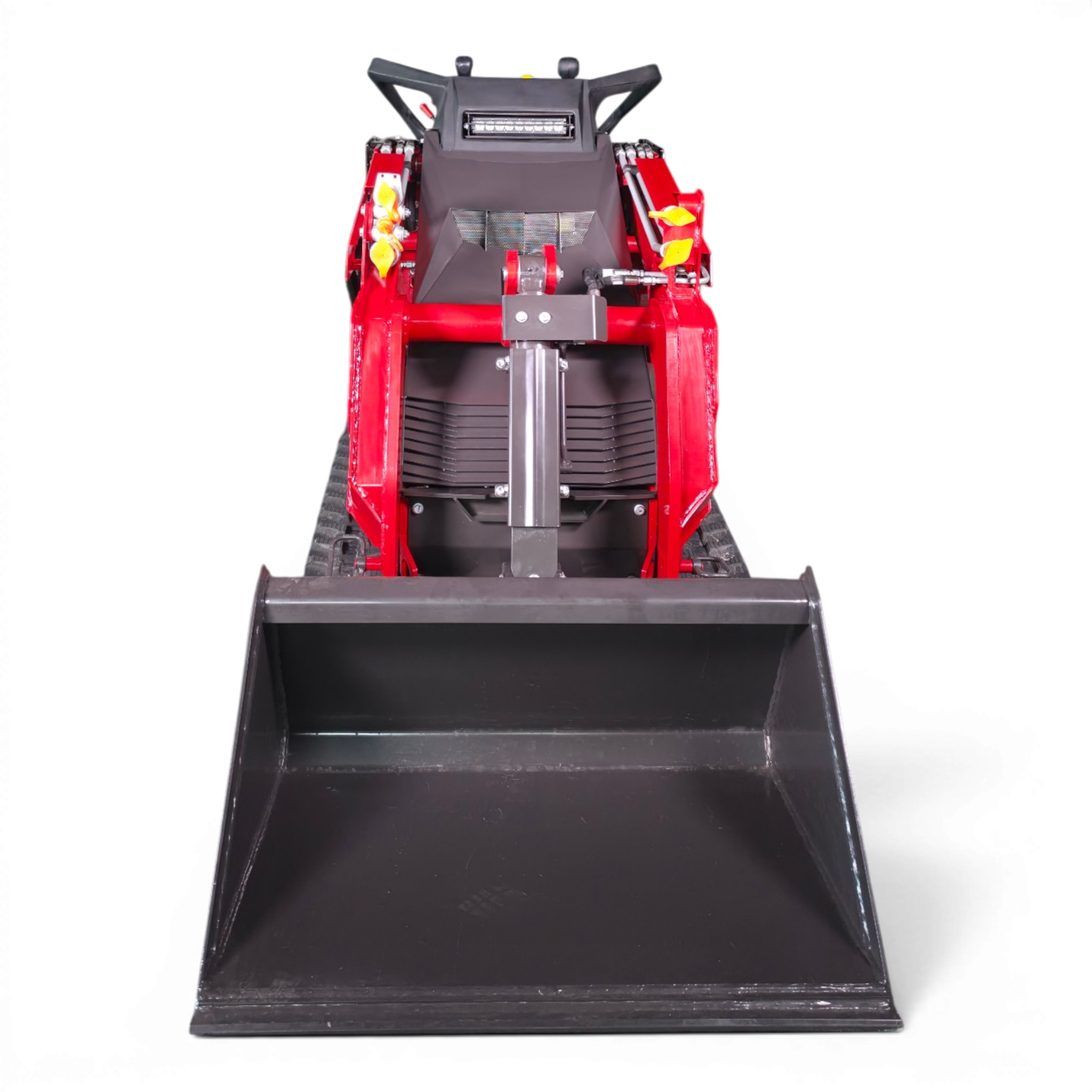 Front view of a red skid-steer loader with a large black bucket, raised against a black background.