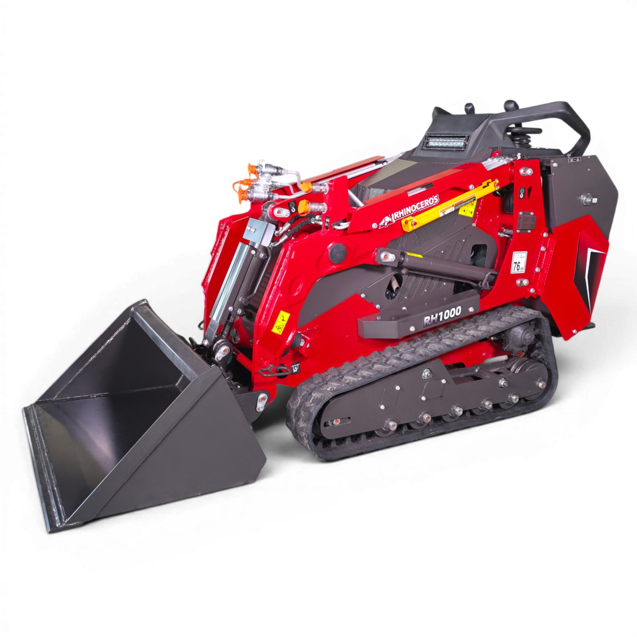 Red tracked industrial machine with a large front bucket, shown from the side.