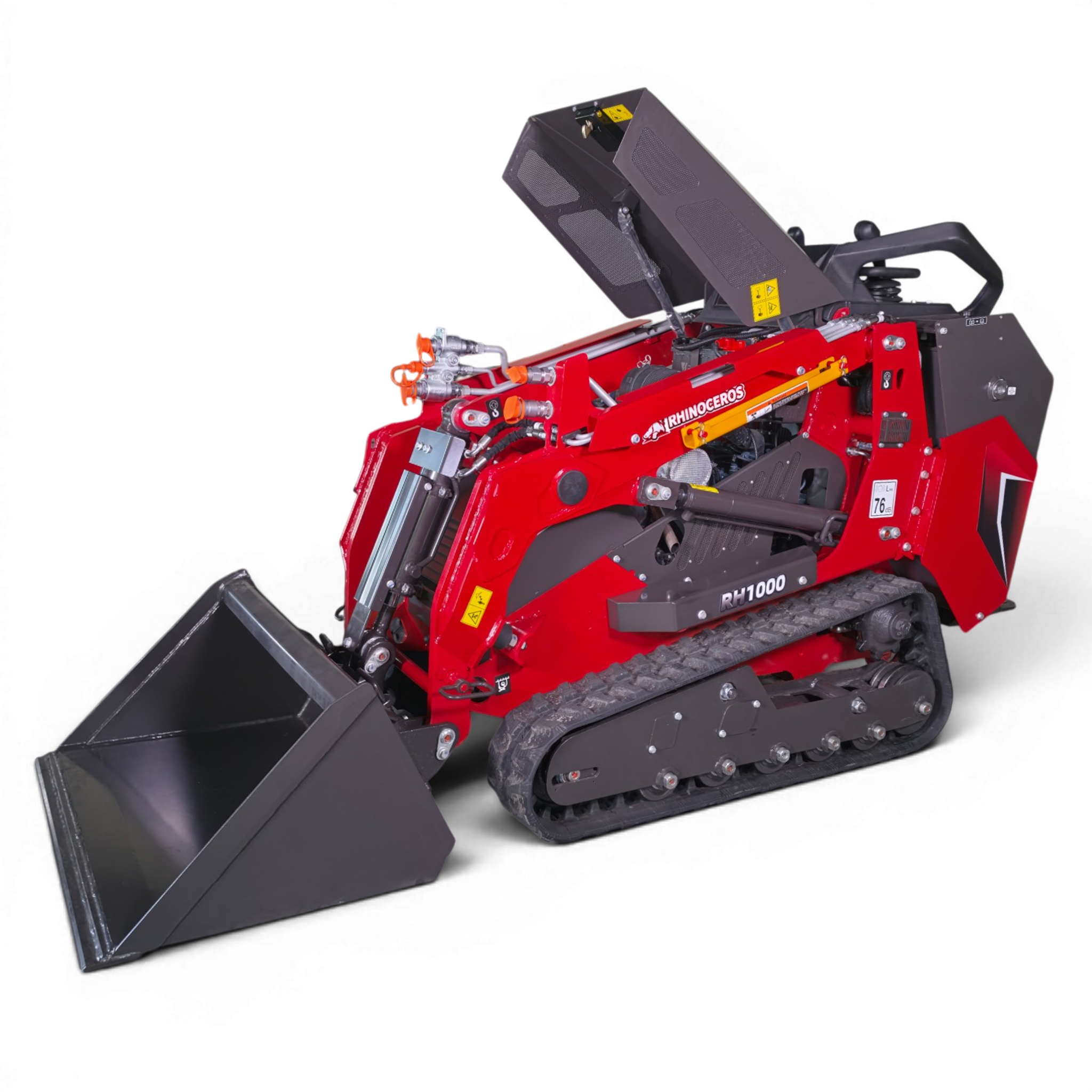 Red RhinoCeros machine with a large front bucket and tracked chassis, angled to the left, showing hydraulic components and warning labels.
