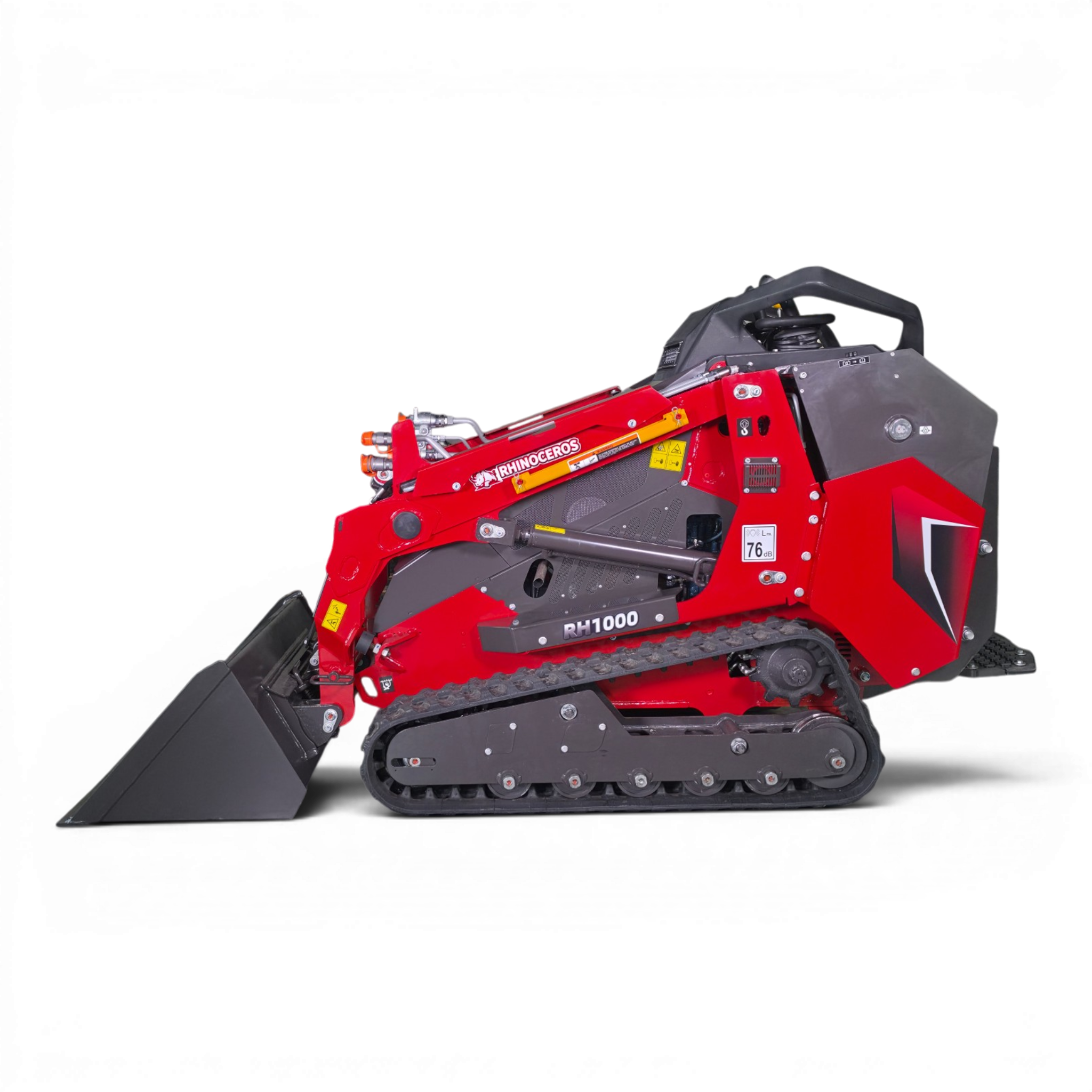 Red tracked construction machine with a large front blade partially visible on the right, shown against a black background.