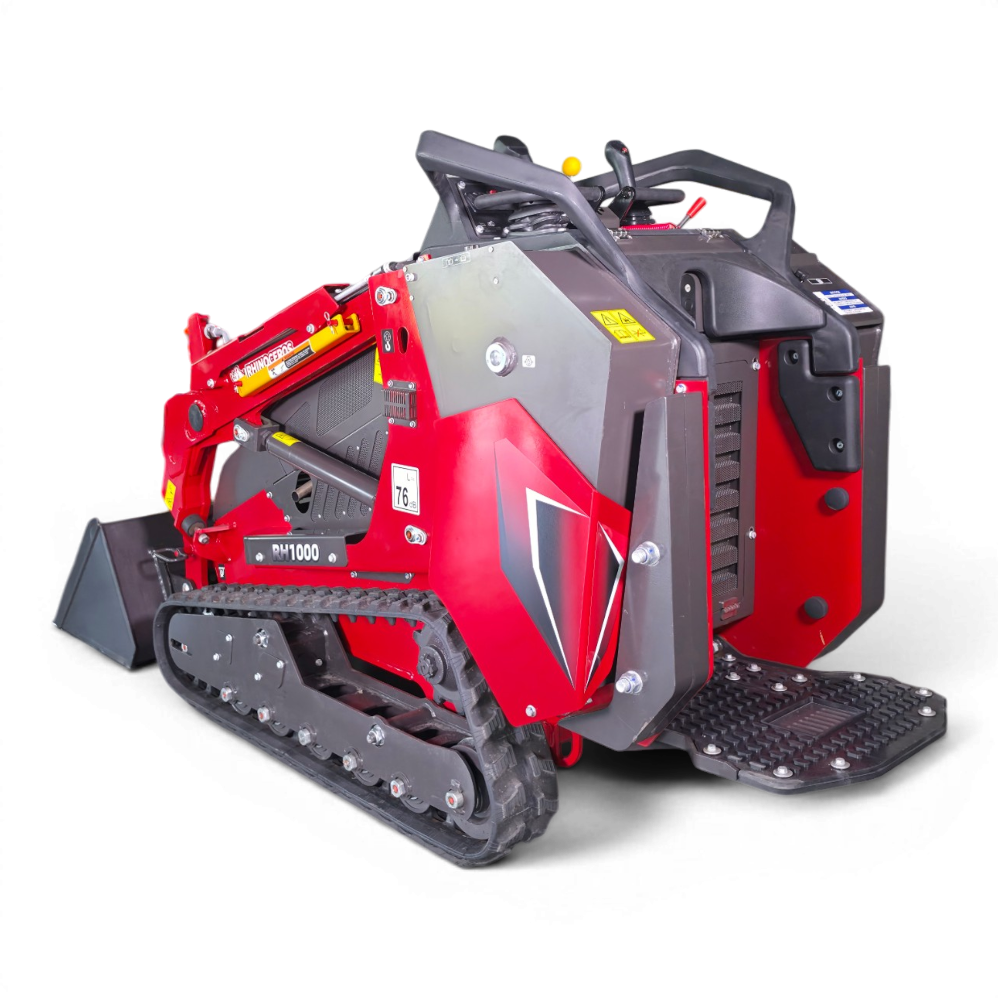 Red and gray tracked industrial machine with a black operator control handle and warning labels visible on the body
