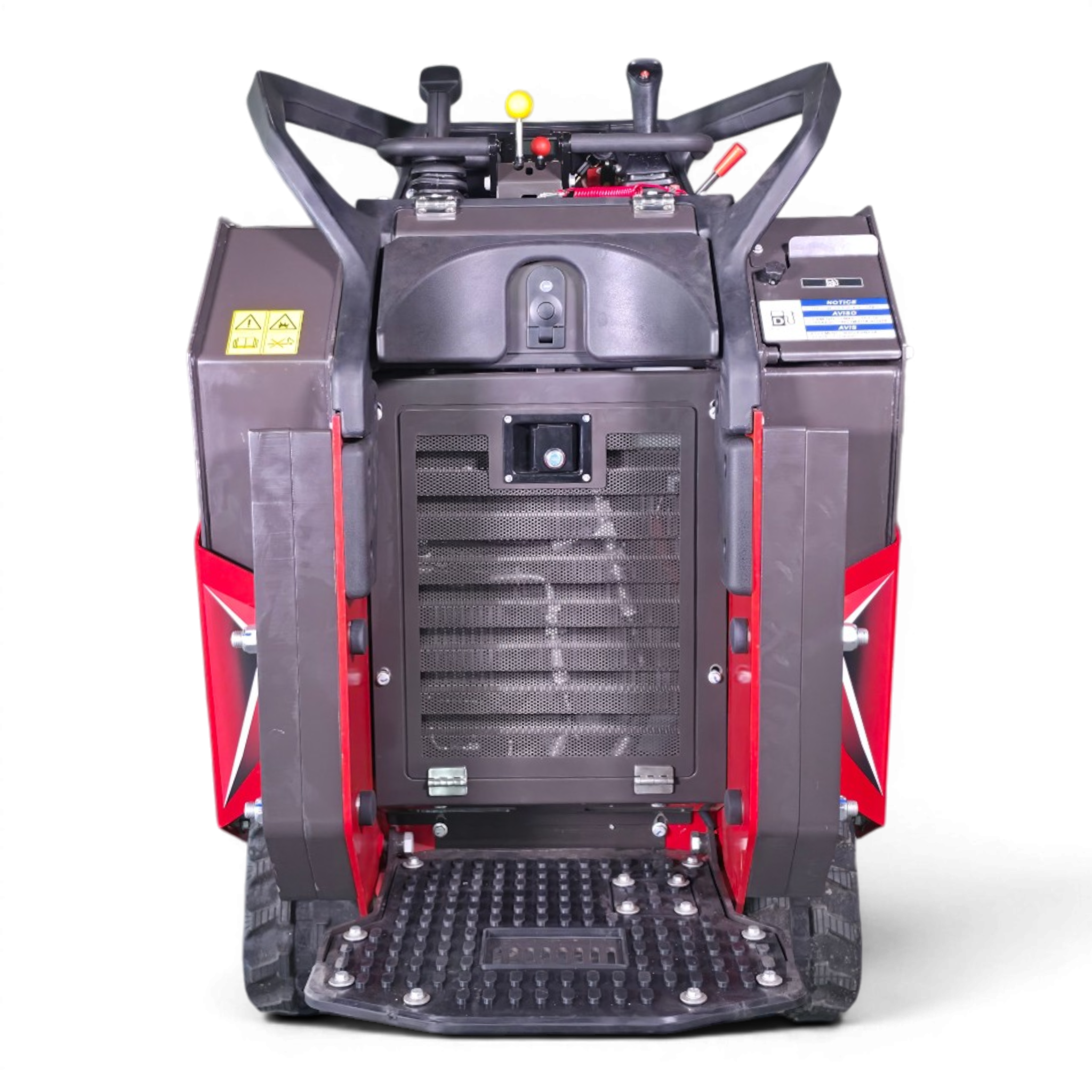 Close-up of the front operator area of an industrial vehicle, showing pedals, control levers (yellow and red knobs), and a metal step plate.
