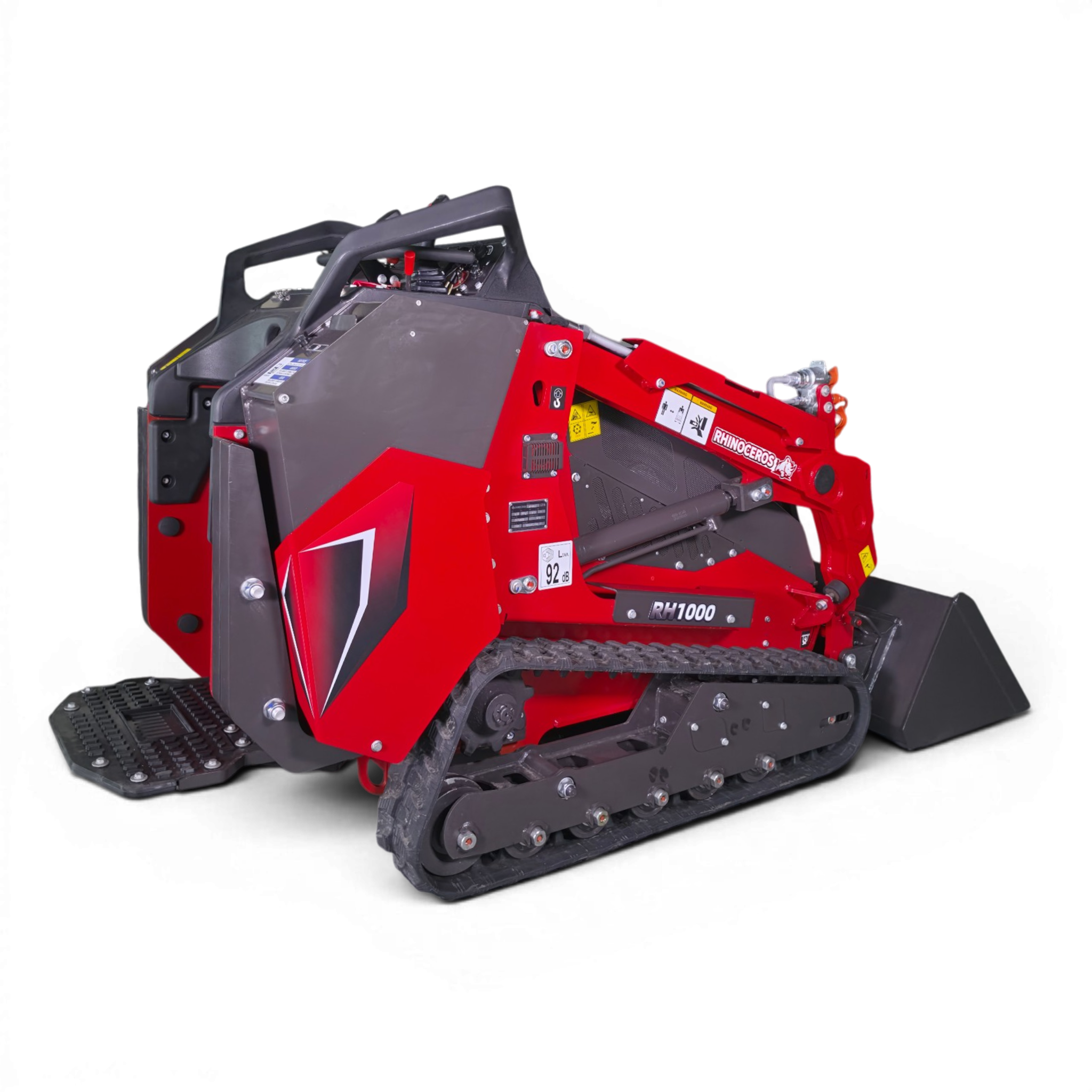 Red heavy-machinery attachment with tracked undercarriage and exposed hydraulics, labeled RH1000, shown against a black background.