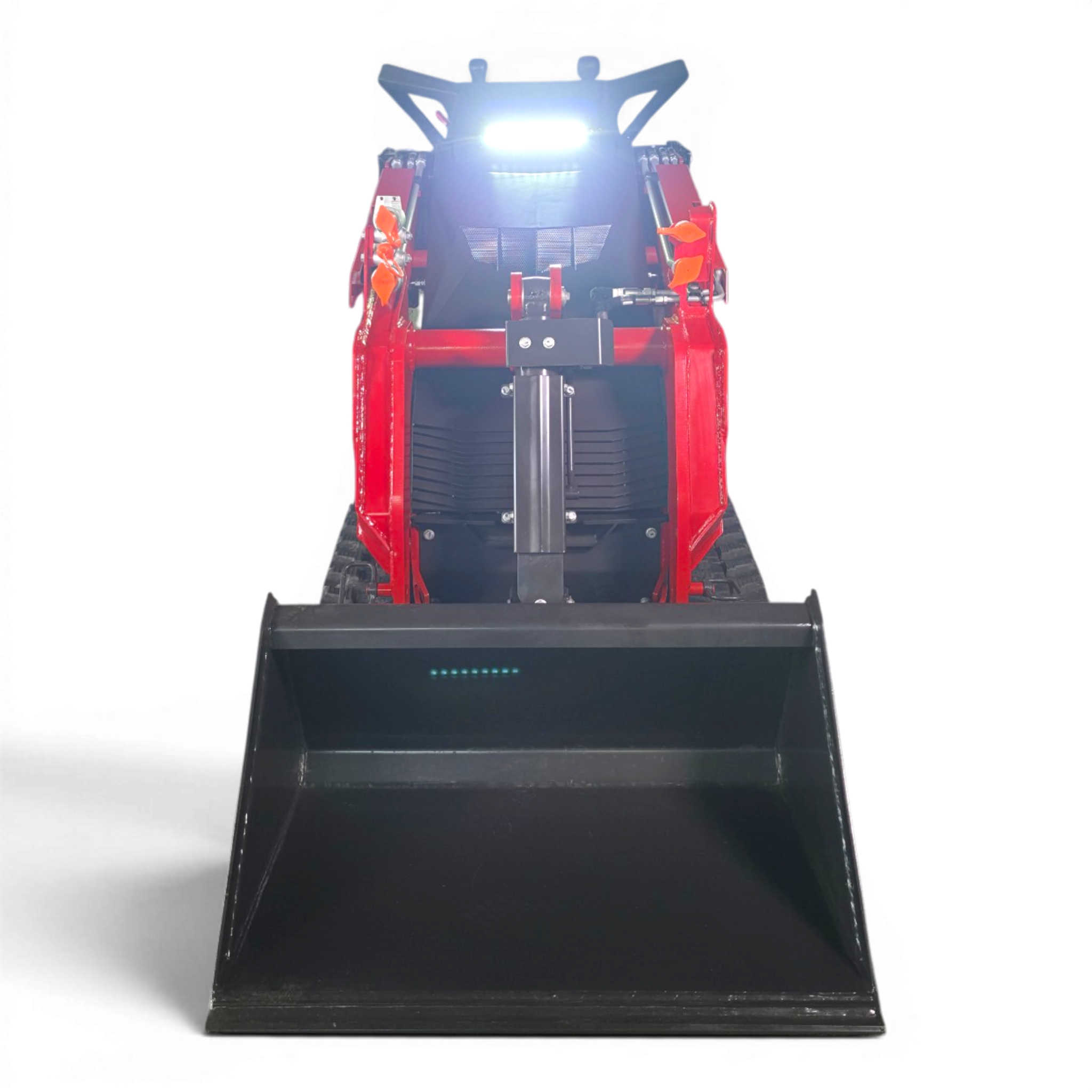 Front view of a red industrial loader with a large black bucket and visible hydraulic arms on either side.