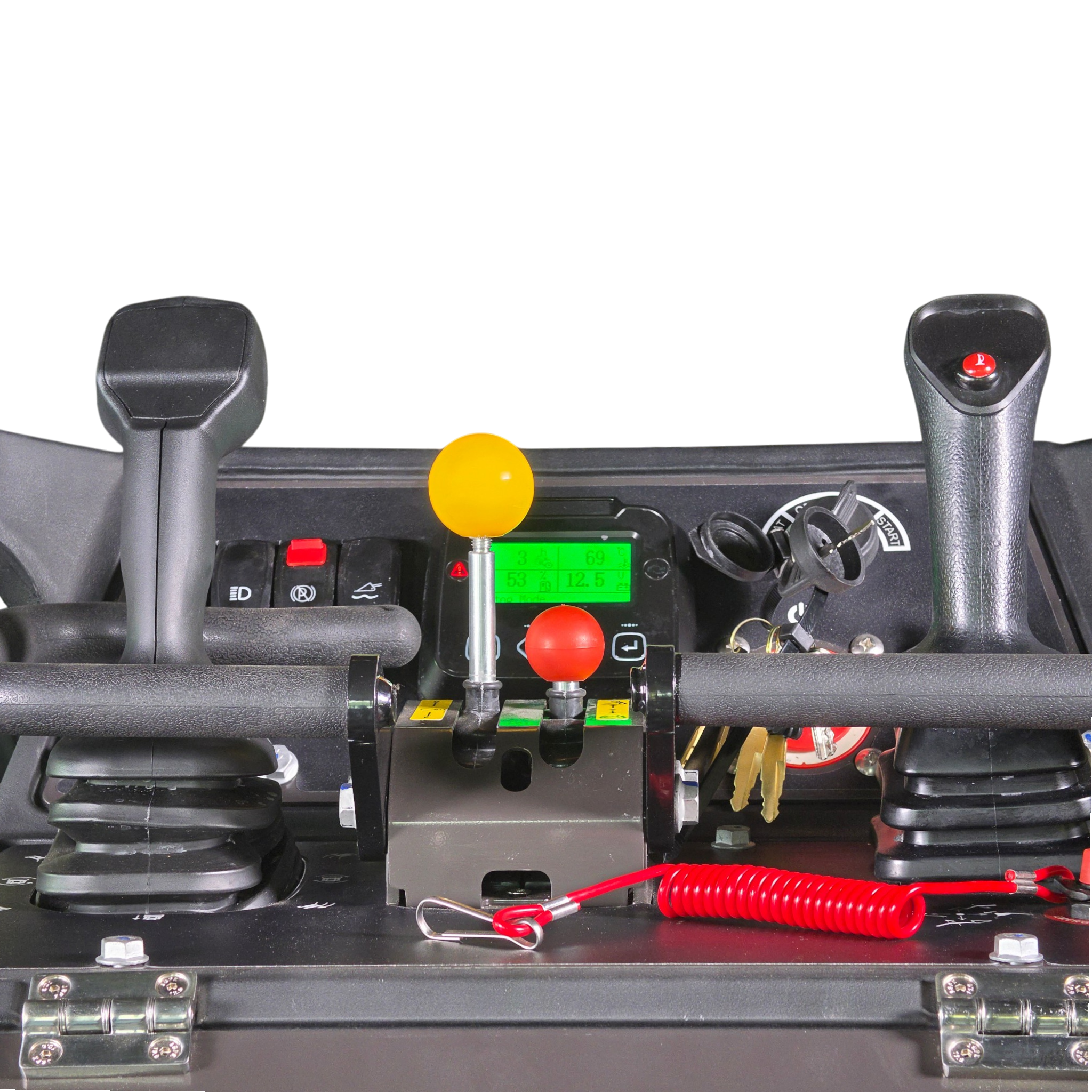 Operator console with two joystick handles, a yellow center knob, red buttons, and a bright green digital display on a dark dashboard.
