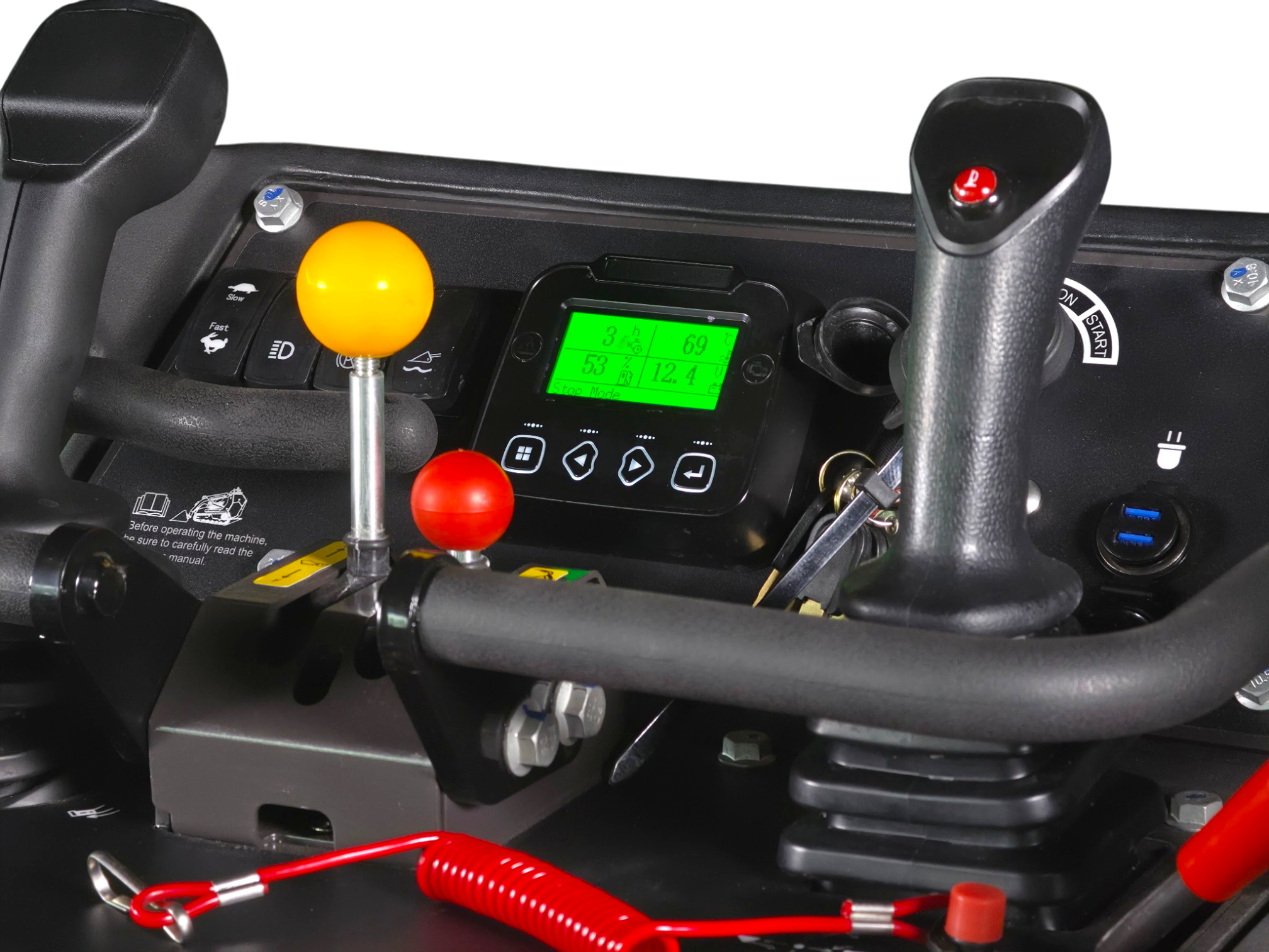 Close-up of a vehicle cockpit with an orange joystick knob, a green digital display, and red coiled tether.