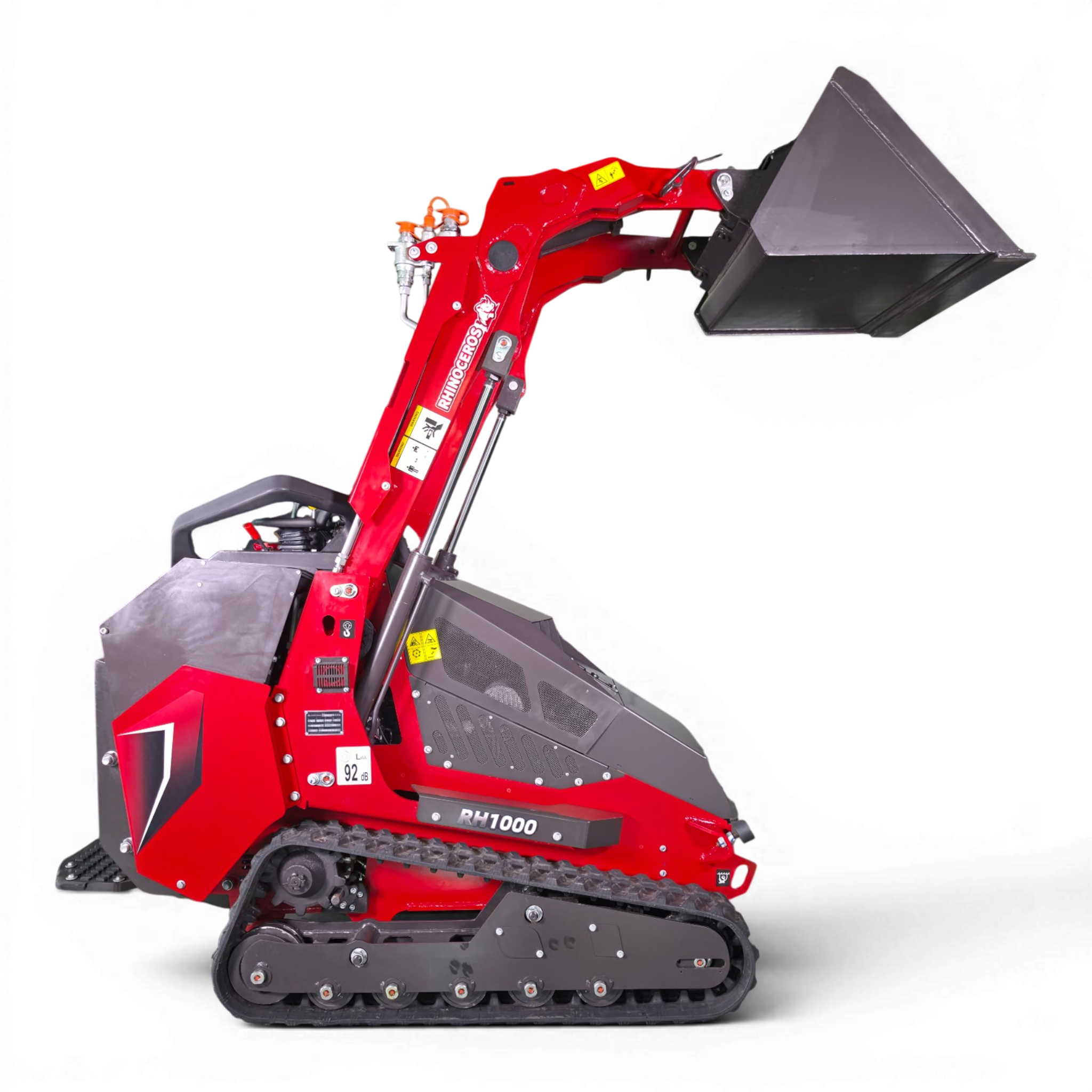 Red industrial excavator arm with a large grey digging bucket mounted on tracks, hydraulic links visible