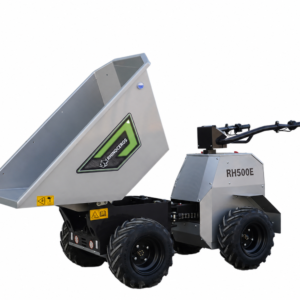 Autonomous dump truck with a raised metal bed, RH500E model, rugged four-wheel drive.