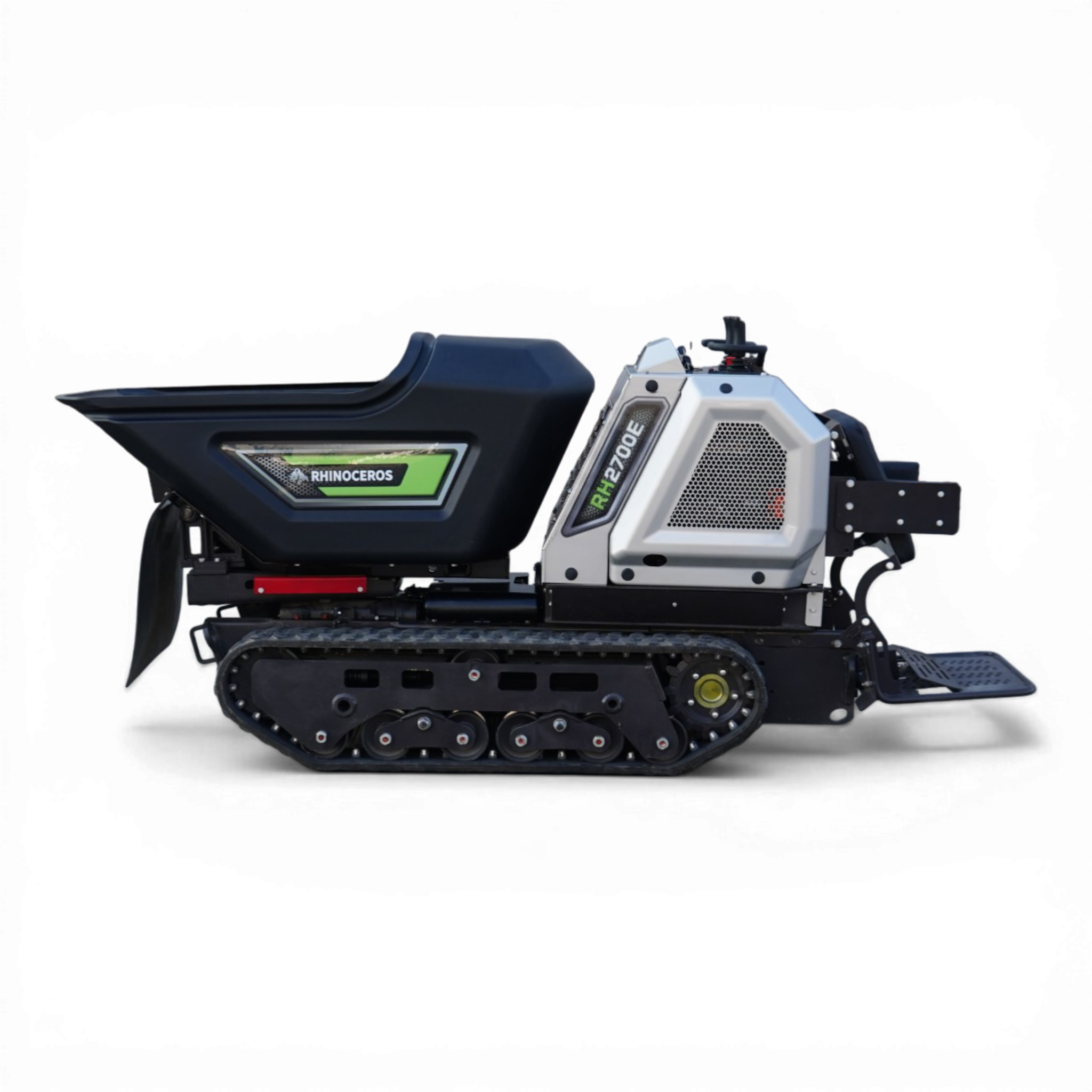 Close-up of a snowmobile front: dark blue seat, silver body panels, and a RHINOCEROS label near the engine, with visible tracks beneath.