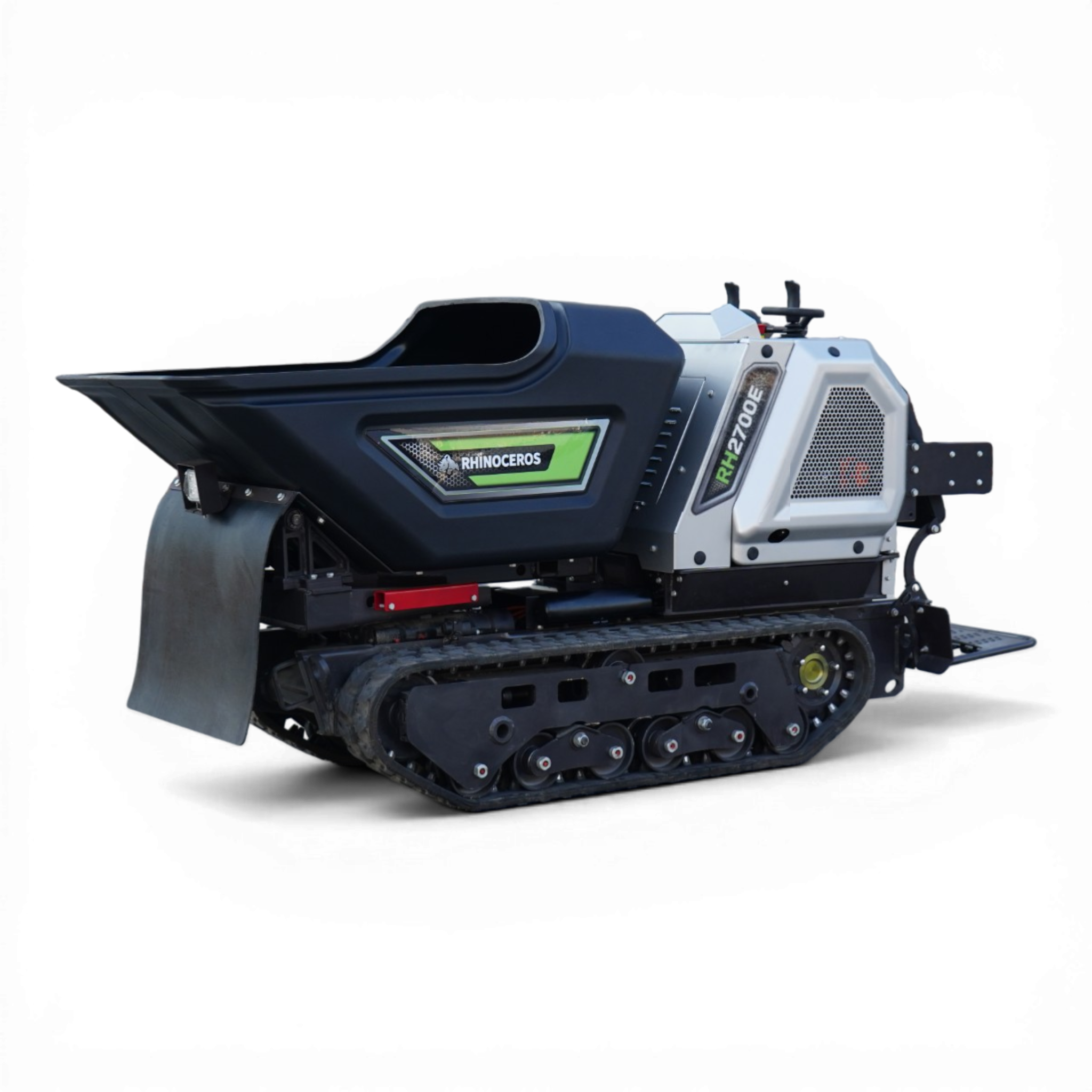 Close-up of a blue-gray tracked construction machine, showing the cockpit, controls, and protective panels.