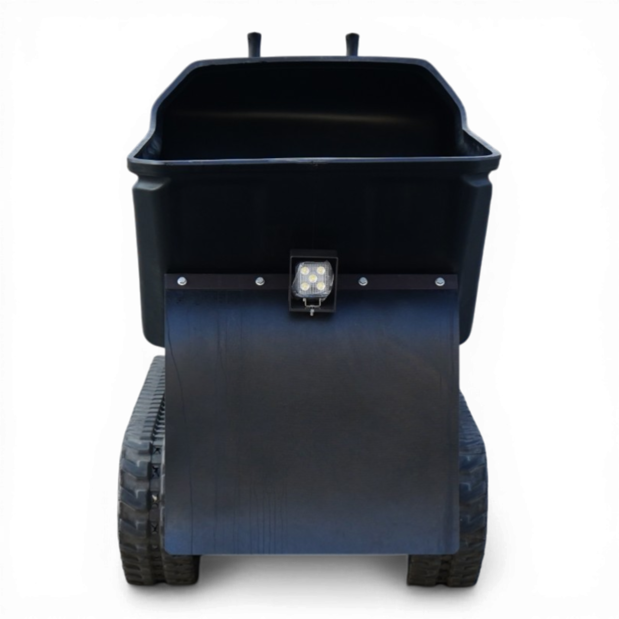 Front view of a large black industrial trash bin with the lid open and a small light on the front panel nearby.