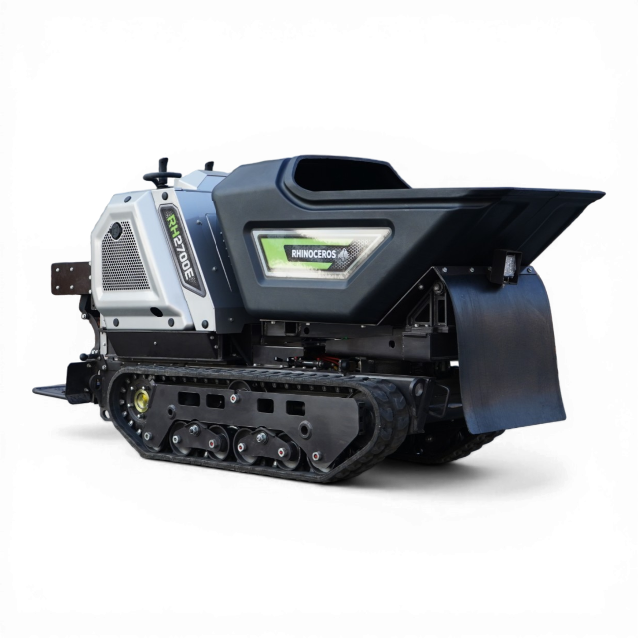 Front-right view of a heavy tracked machine with a gray-blue body, visible treads, and a green-lit display labeled 'RHINOCEROS'