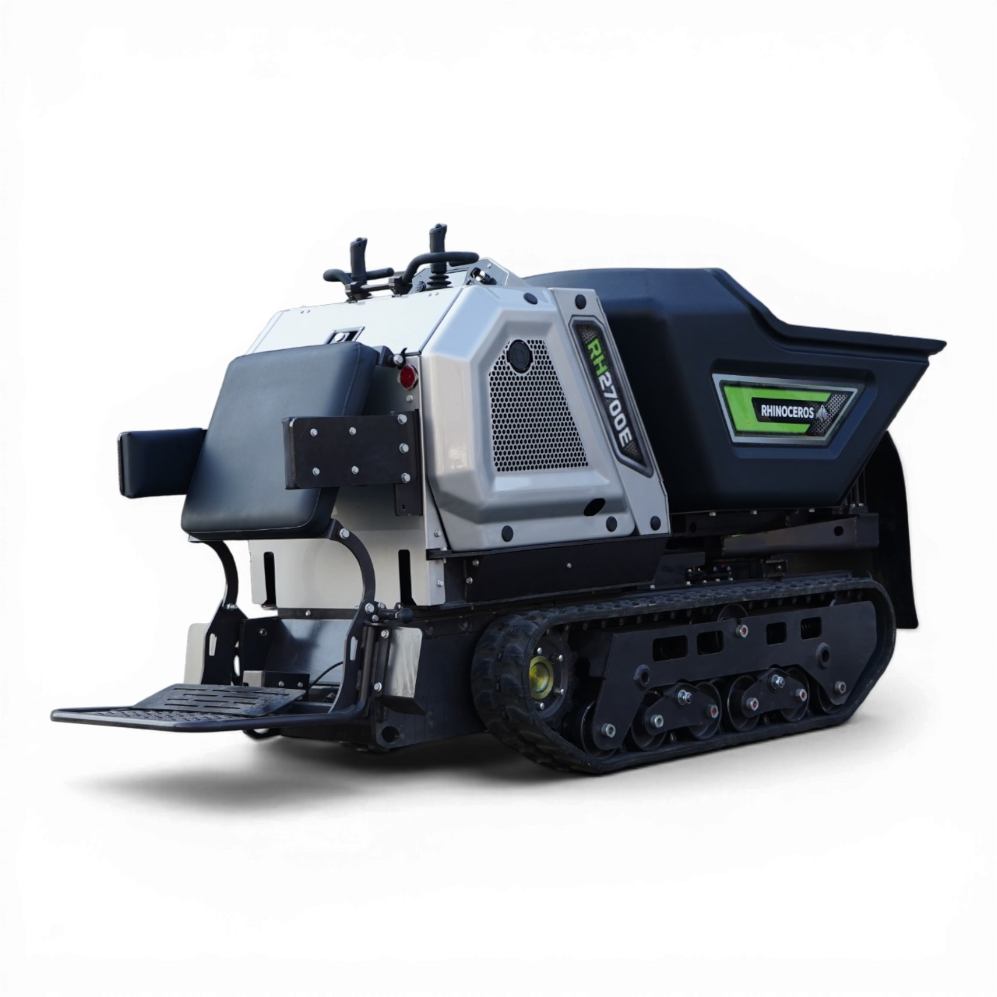 Close-up of a gray tracked industrial robot with vents, handles, and a Rhinos label on the side (RhinoCeros brand visible).