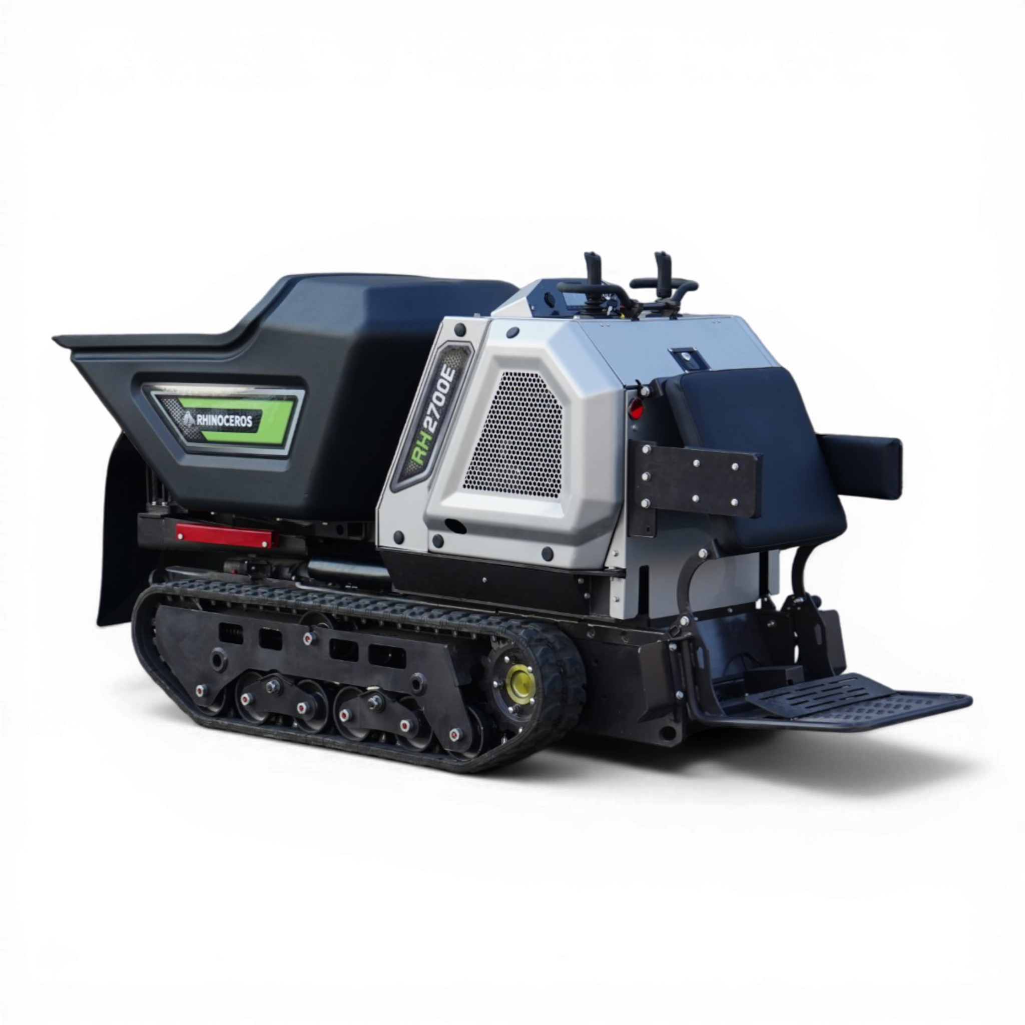 Heavy‑duty tracked industrial machine with metal panels and control levers on top, shown from the front-right side.