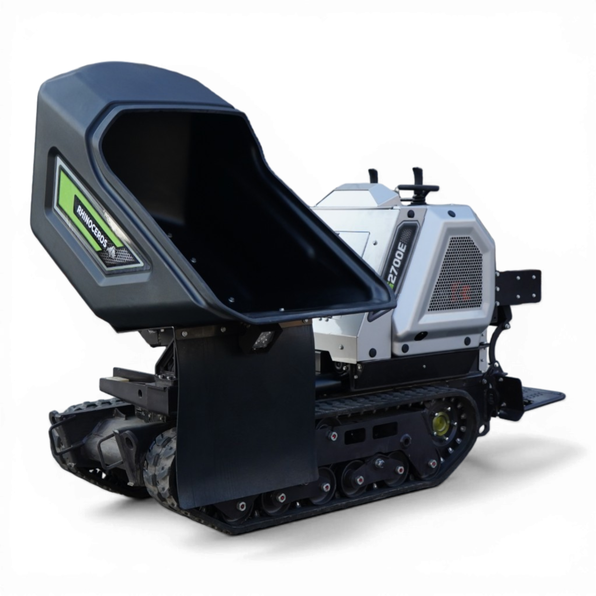 Side close-up of a blue-painted heavy-duty tracked machine showing a protective hood and exposed metal chassis with a visible label.