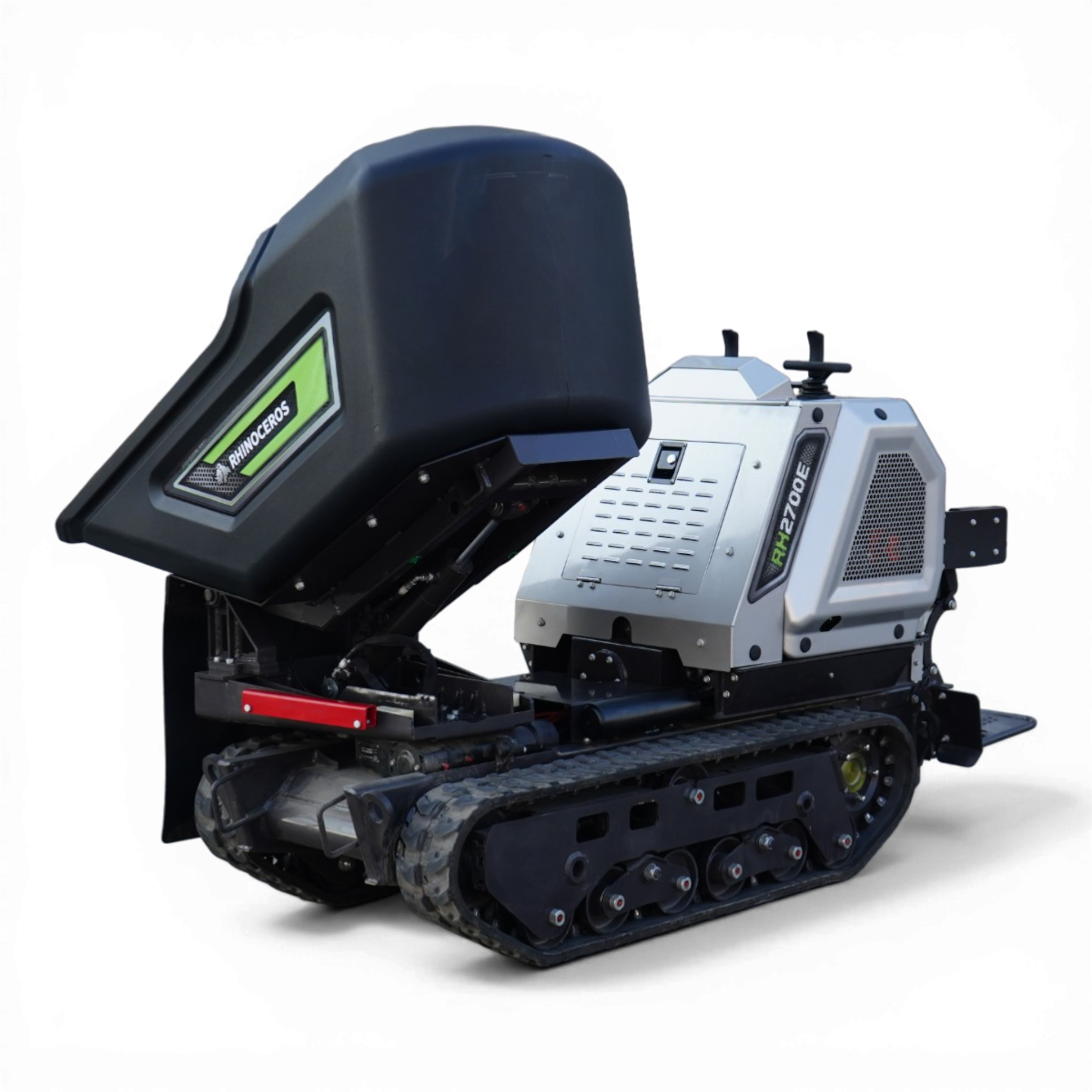 Side view of a tracked heavy-duty machine with a black engine housing and a green Rhino logo on the side panel.