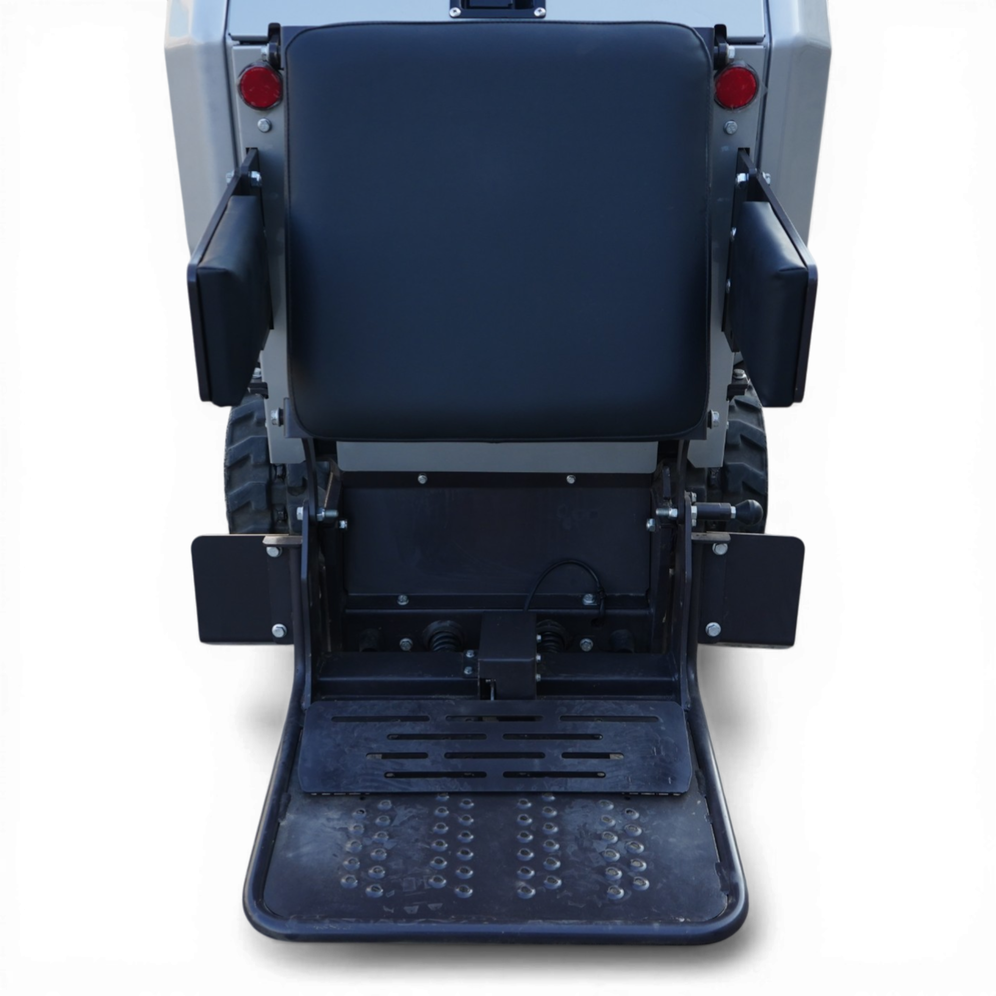 Industrial equipment access platform with a black seat/backrest and perforated metal steps, viewed from the front