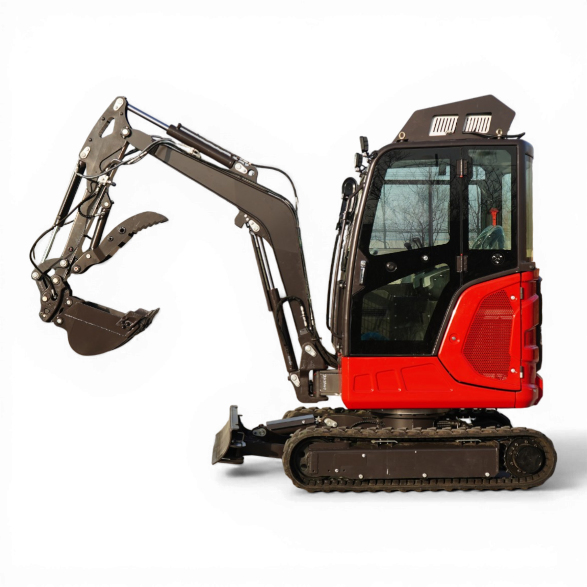 Red-and-black hydraulic excavator with an articulated boom and bucket, shown against a black background on the left and the cab on the right.