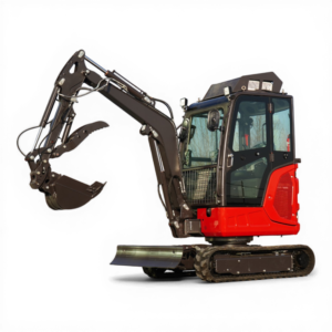 Front view of a red and black excavator with an extended hydraulic arm and tracks on a black background.