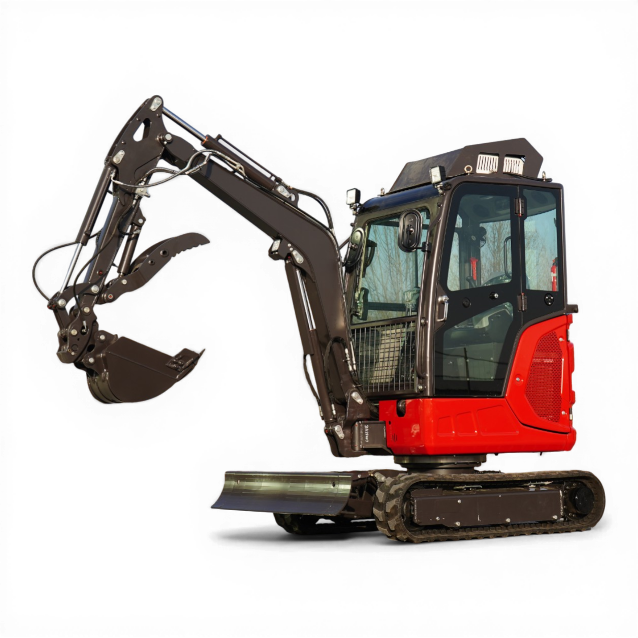 Front view of a red and black excavator with an extended hydraulic arm and tracks on a black background.