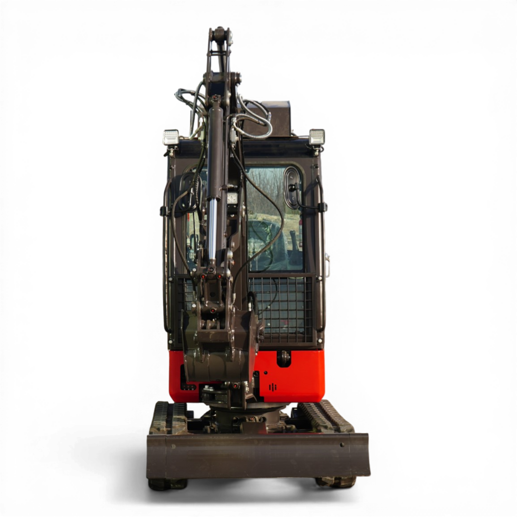 Front view of a construction excavator with hydraulic boom and cabin.
