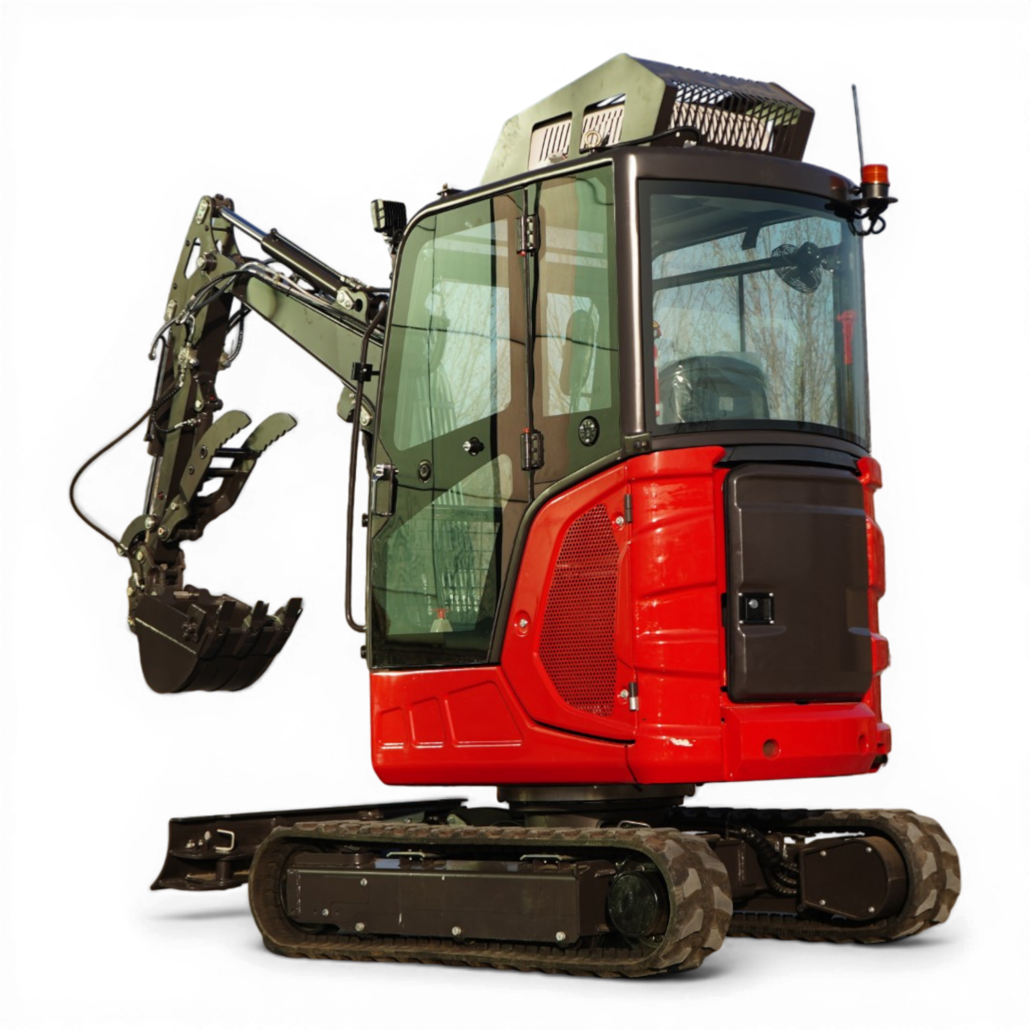 Front-right view of a red excavator cab with glass windows, hydraulic arm, and tracked base