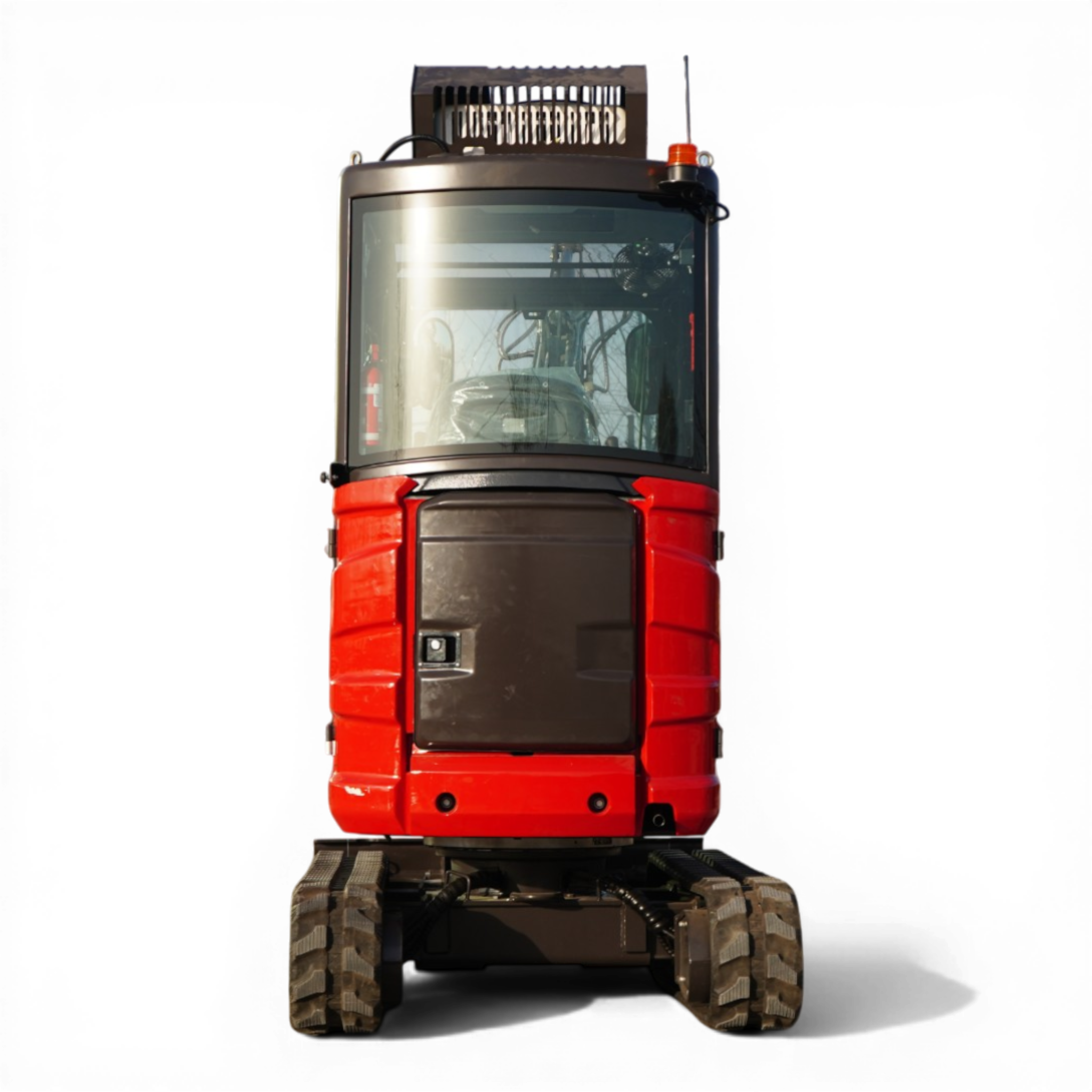 Red heavy construction vehicle with black cab and wide treads viewed from front/side.