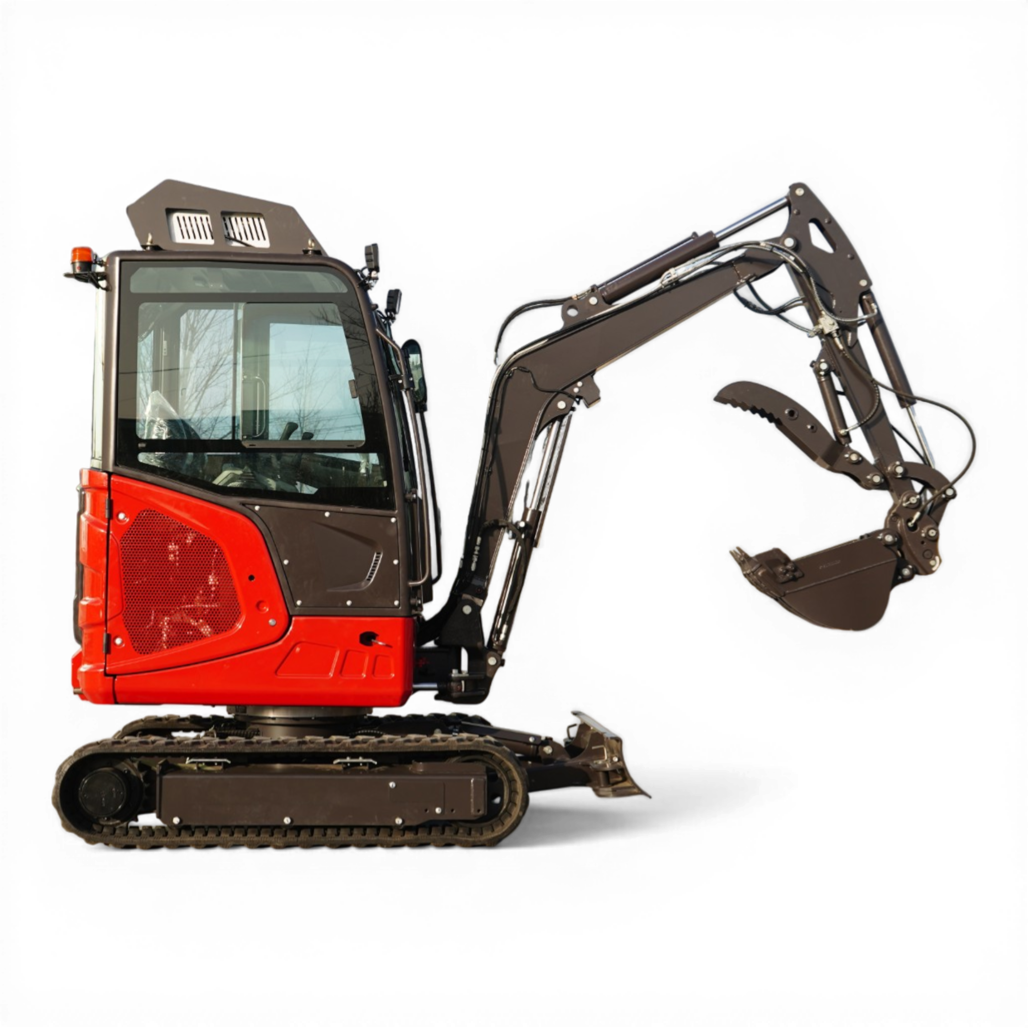 Front-left view of a red and brown excavator with a hydraulic arm and tracked undercarriage against a black background.