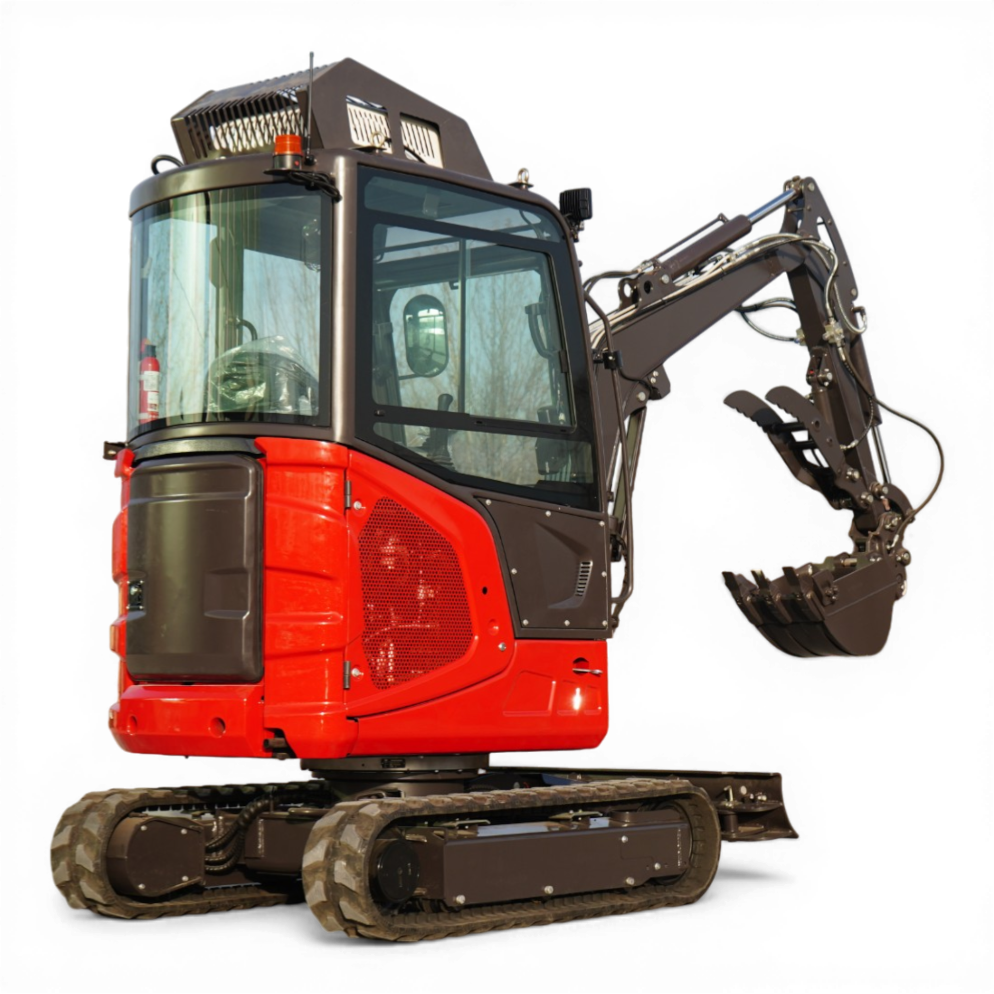 Red and black excavator cabin with hydraulic arm and tracks visible to the right side, isolated on black background.