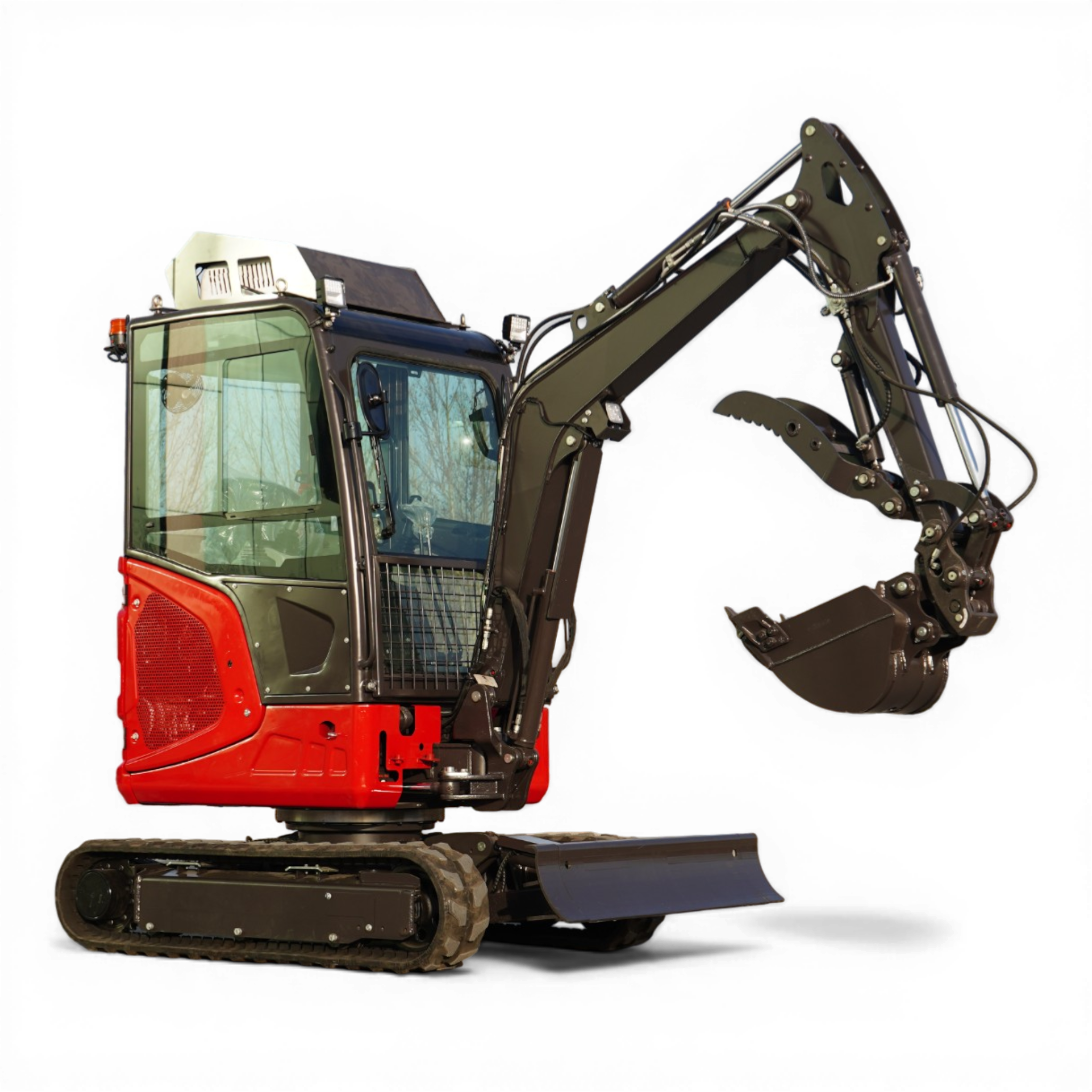Excavator with red cab and extended hydraulic arm, shown in profile against a black background.