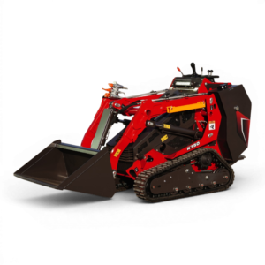Red heavy-duty construction machine with a large front bucket and caterpillar tracks, shown against a black background.