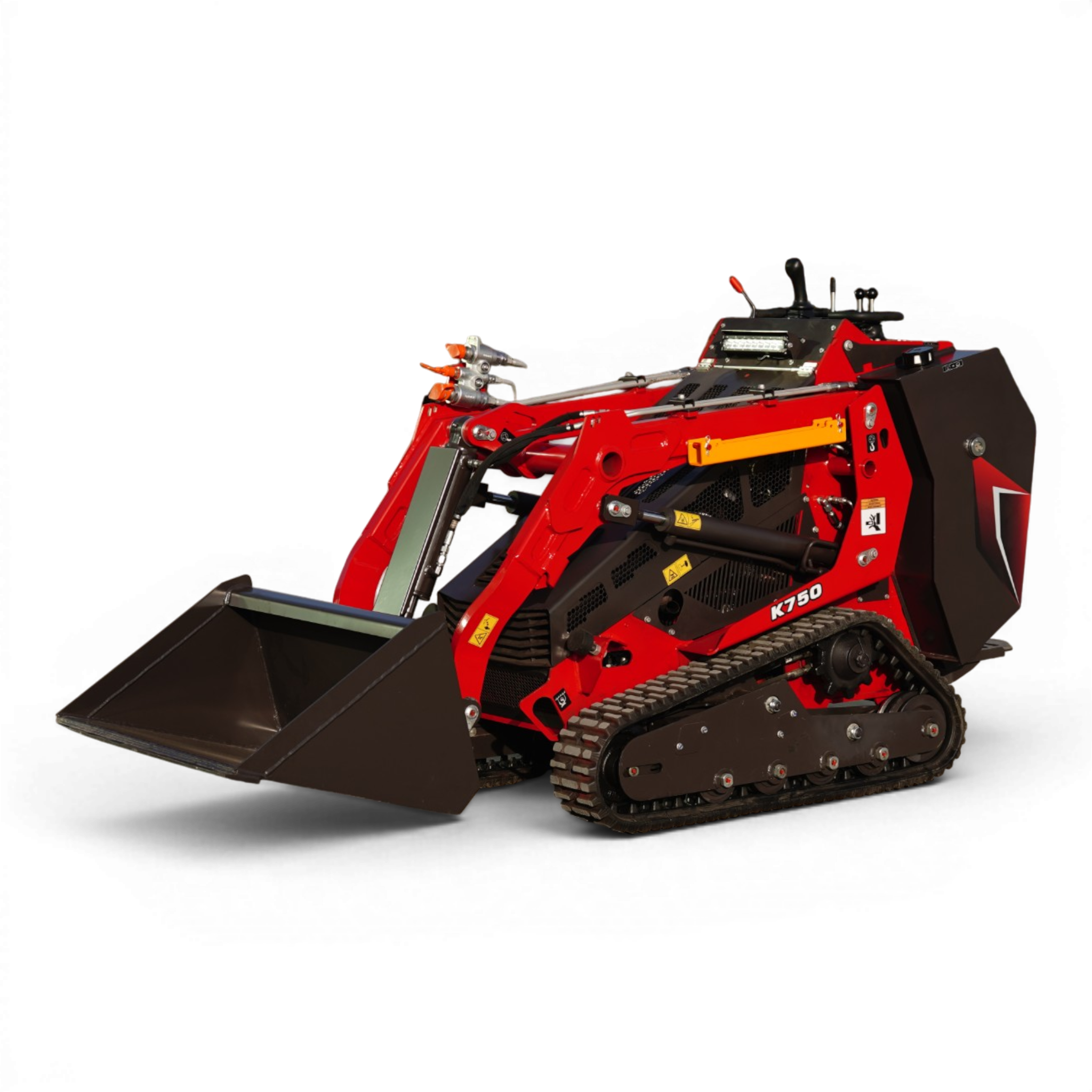 Red heavy-duty construction machine with a large front bucket and caterpillar tracks, shown against a black background.