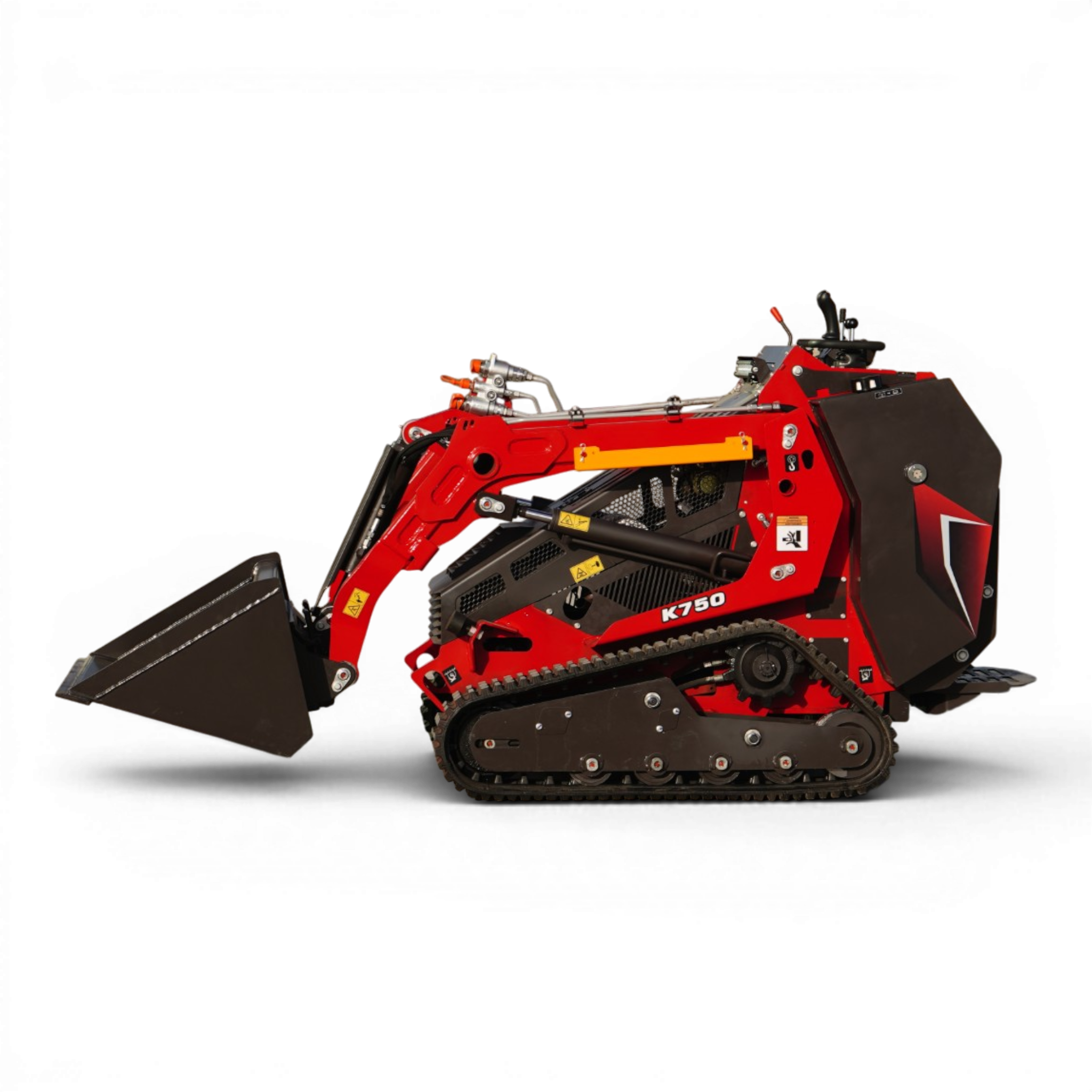 Red industrial machine with a large black attachment and tracked wheels, shown partially in the frame at an angle.