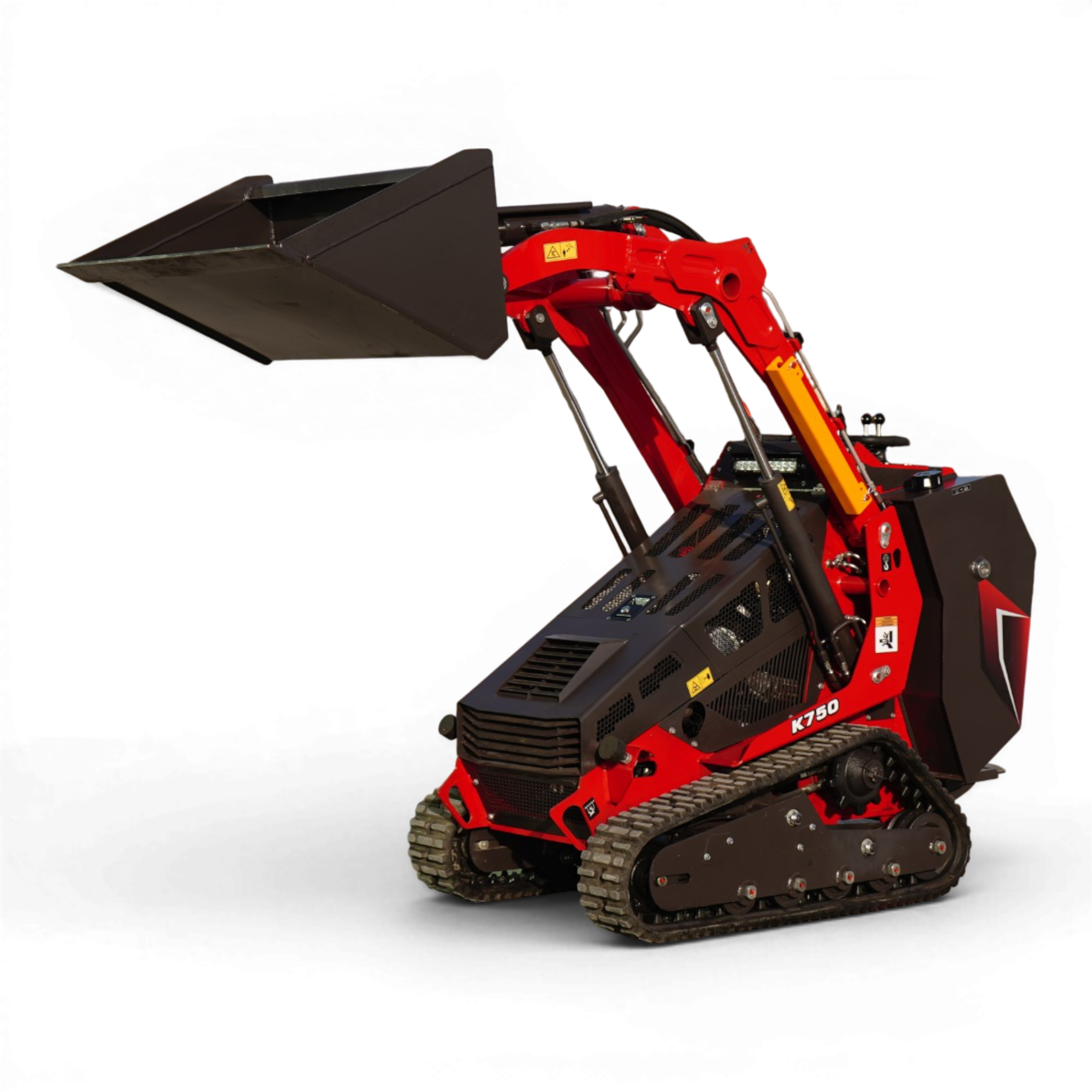 Red compact excavator with a large black bucket on a tracked undercarriage, designed for digging and material handling